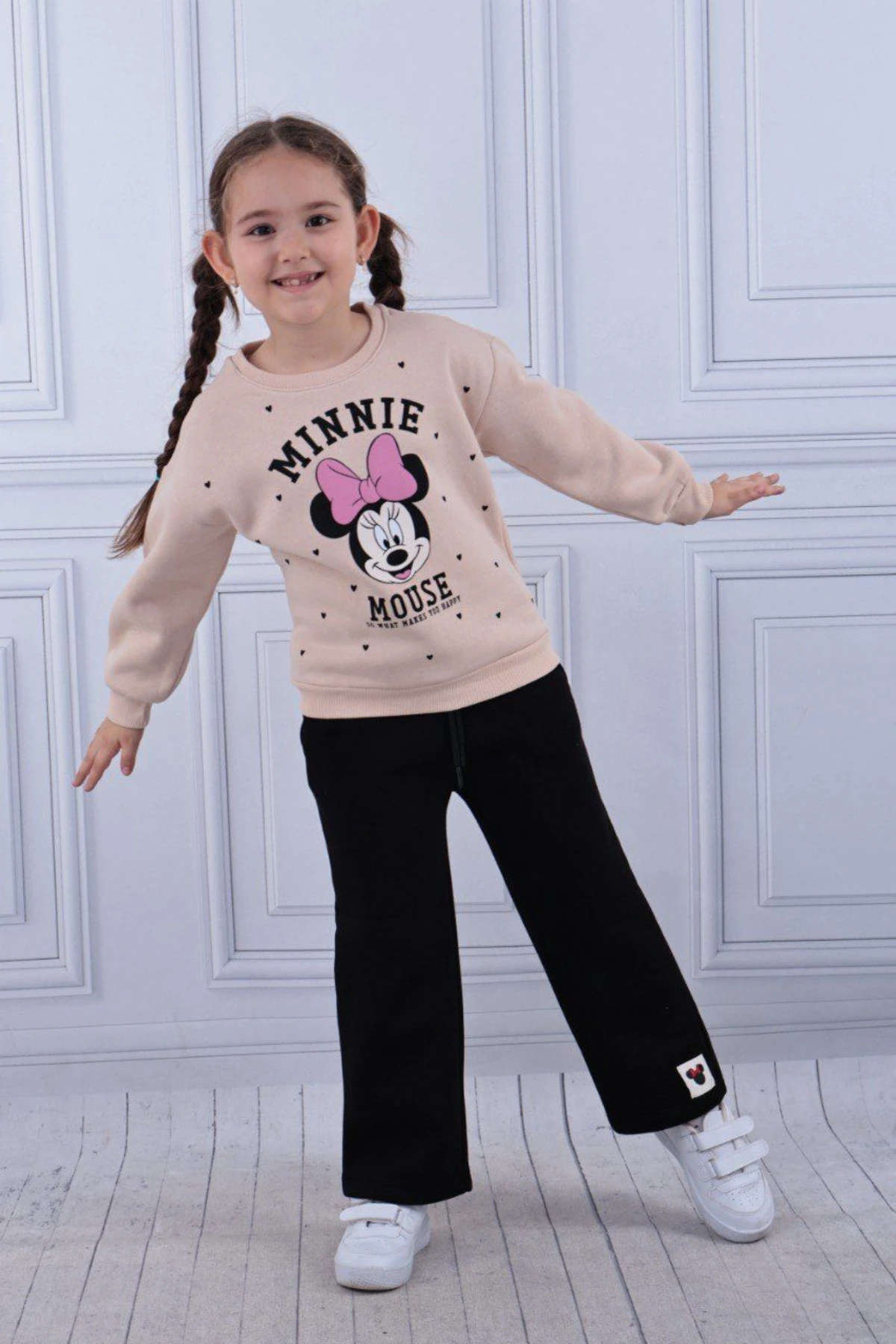 BEJ RENK MİNNİE MOUSE BASKILI KIZ ÇOCUK ŞARDONLU EŞOFMAN TAKIMI