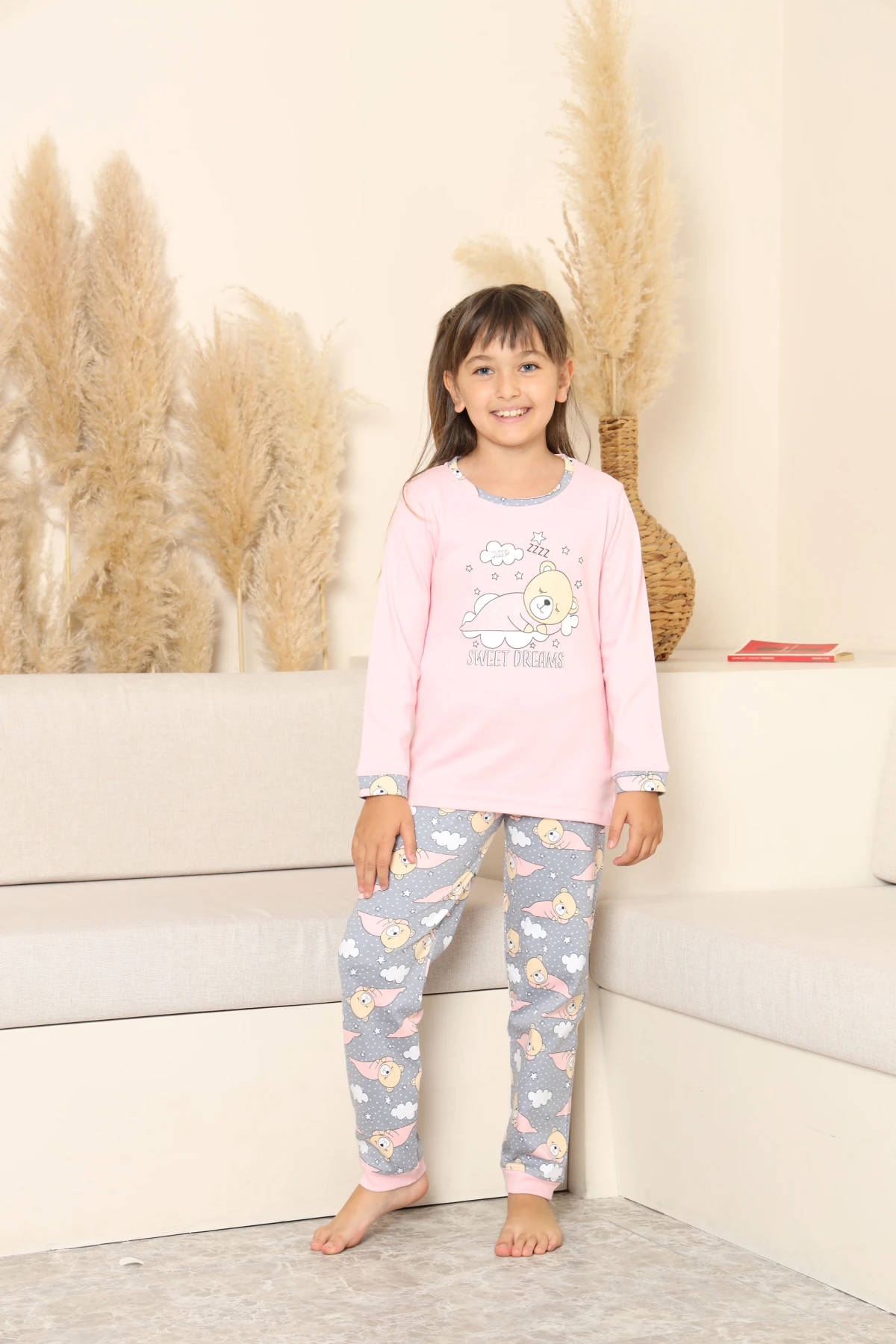 PEMBE RENK UYUYAN AYI DESEN KIZ ÇOCUK PİJAMA TAKIMI