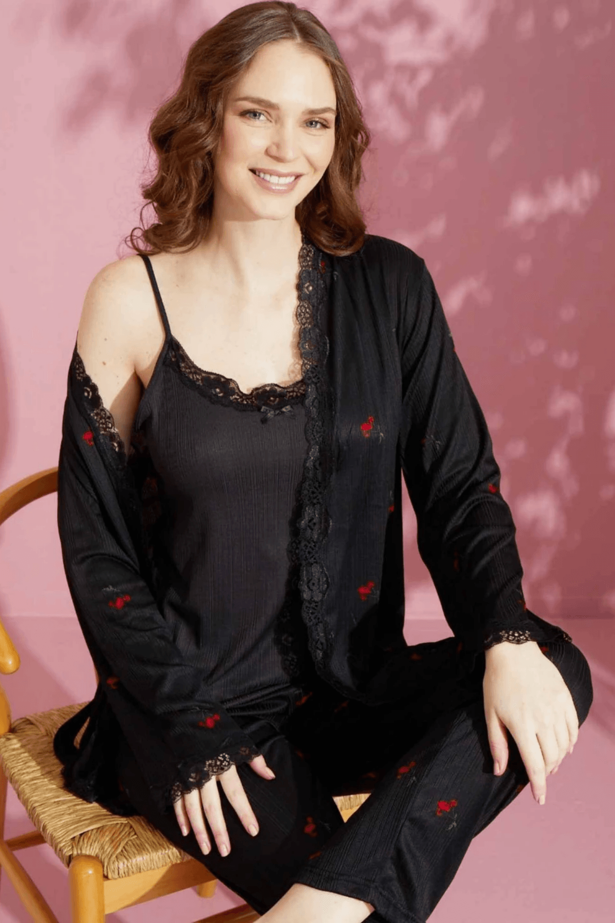 PERLA SABAHLIKLI 3'LÜ SİYAH KİRAZ DESEN KADIN PİJAMA TAKIMI