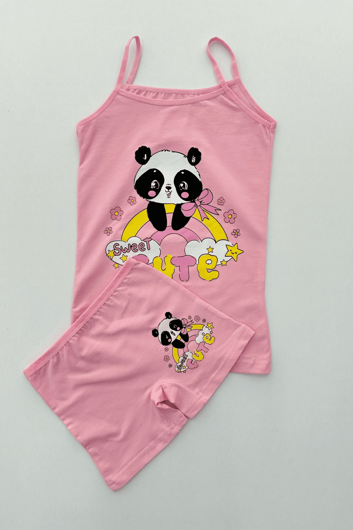 PEMBE RENK PANDA BASKILI KIZ ÇOCUK ATLET BOXER TAKIM