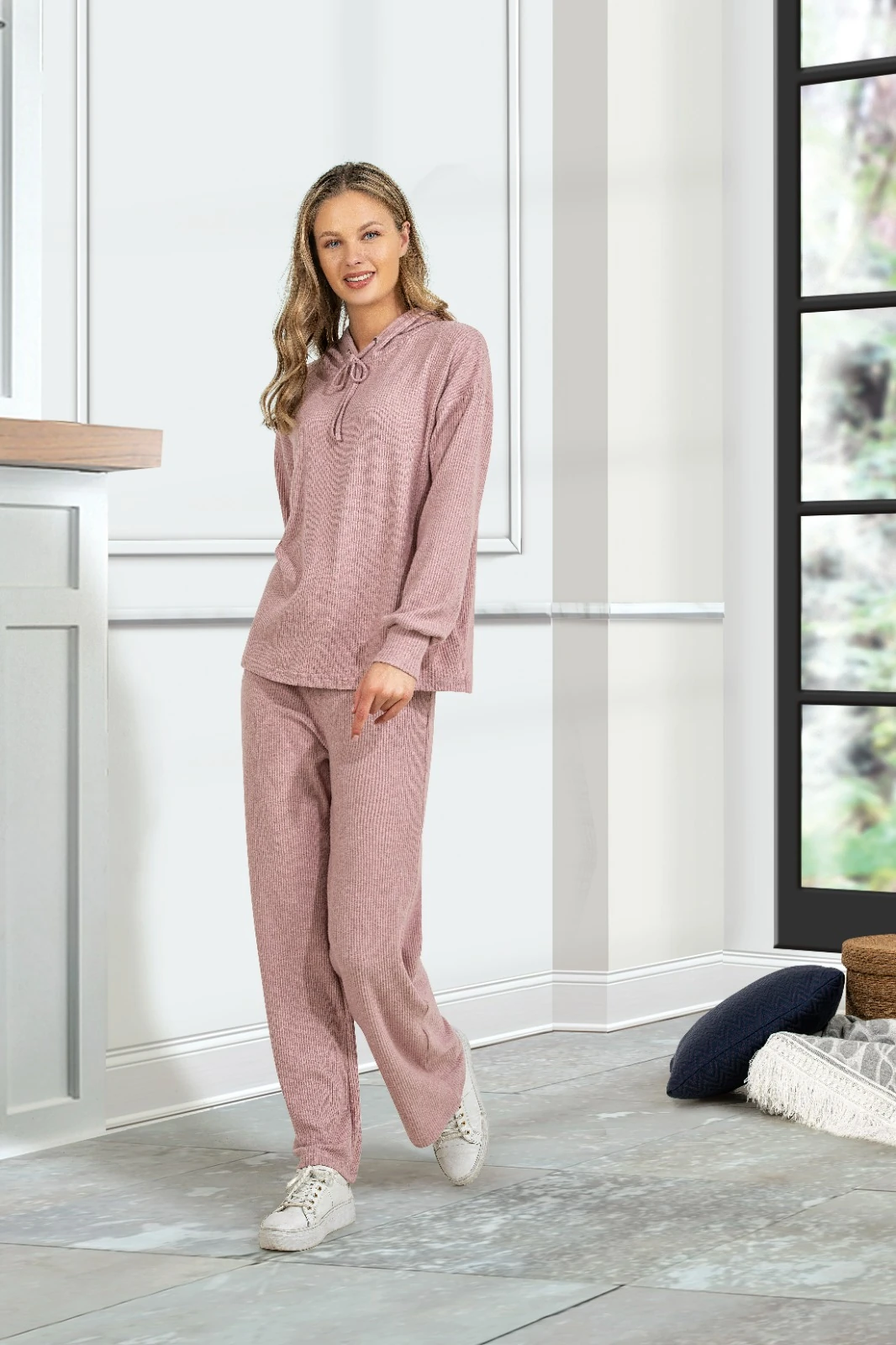 GÜL KURUSU KAPÜŞONLU FİTİLLİ KUMAŞ KADIN ALT ÜST TAKIM