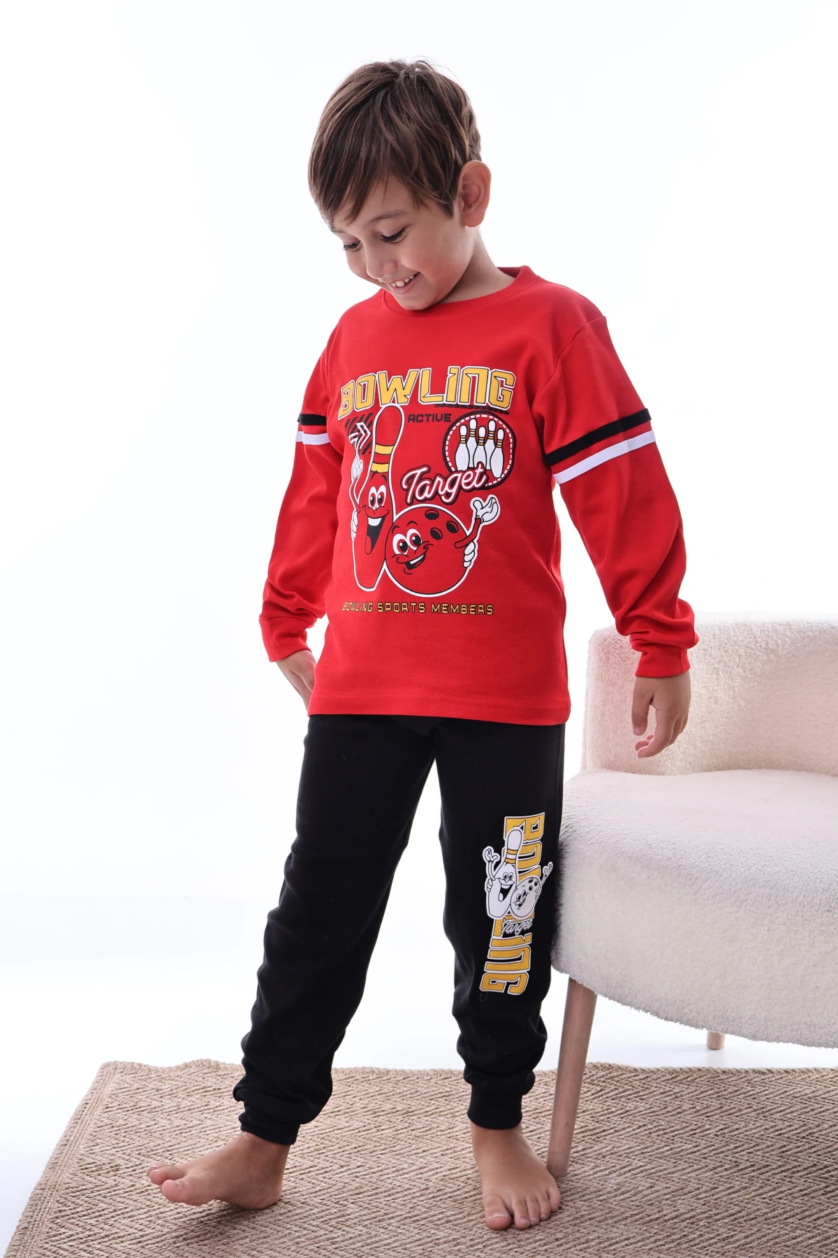 KIRMIZI RENK BOWLİNG BASKILI ERKEK ÇOCUK PİJAMA TAKIMI