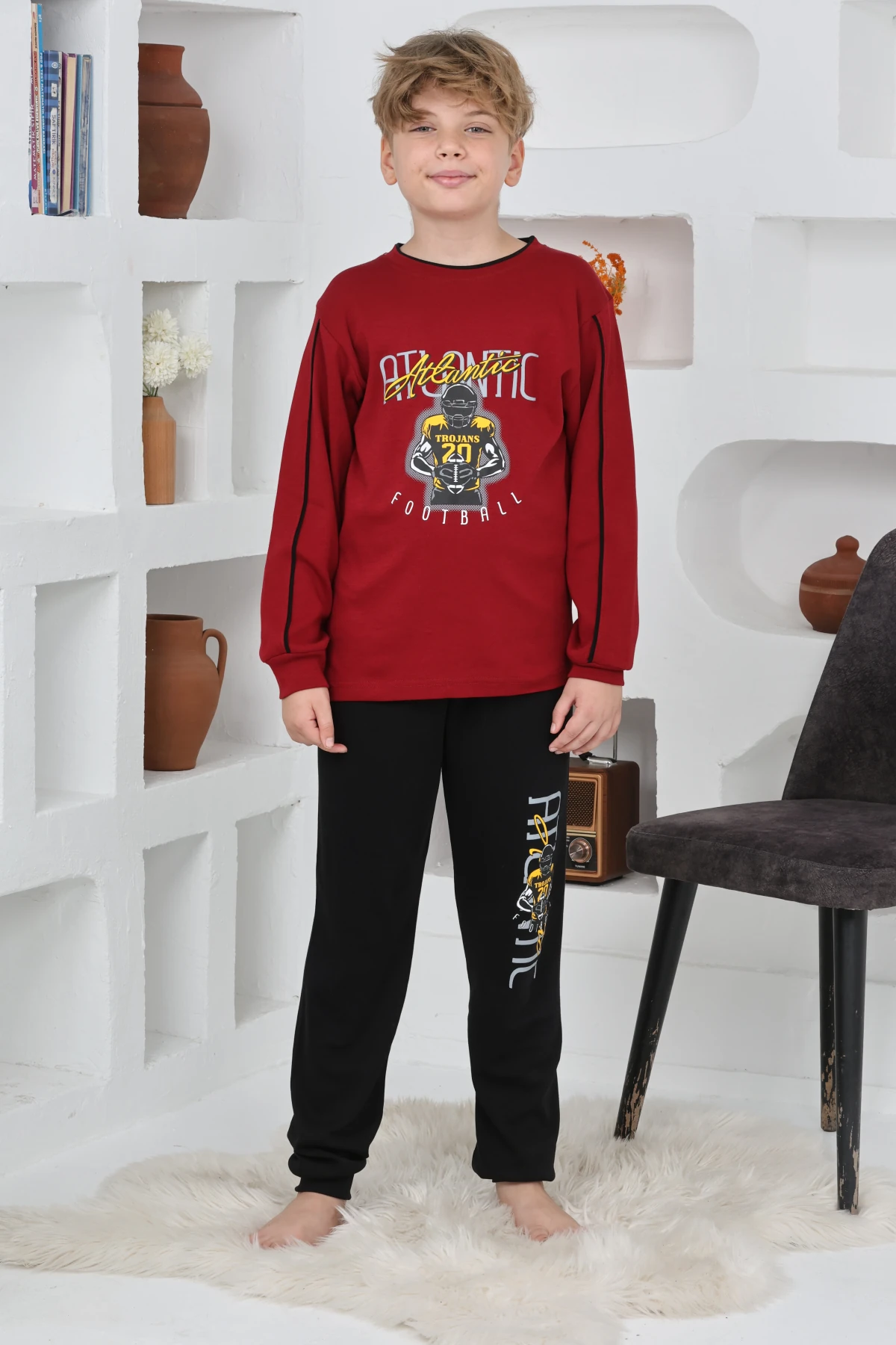 BORDO RENK ATLANTİC FOOTBALL BASKILI ERKEK ÇOCUK PİJAMA TAKIMI
