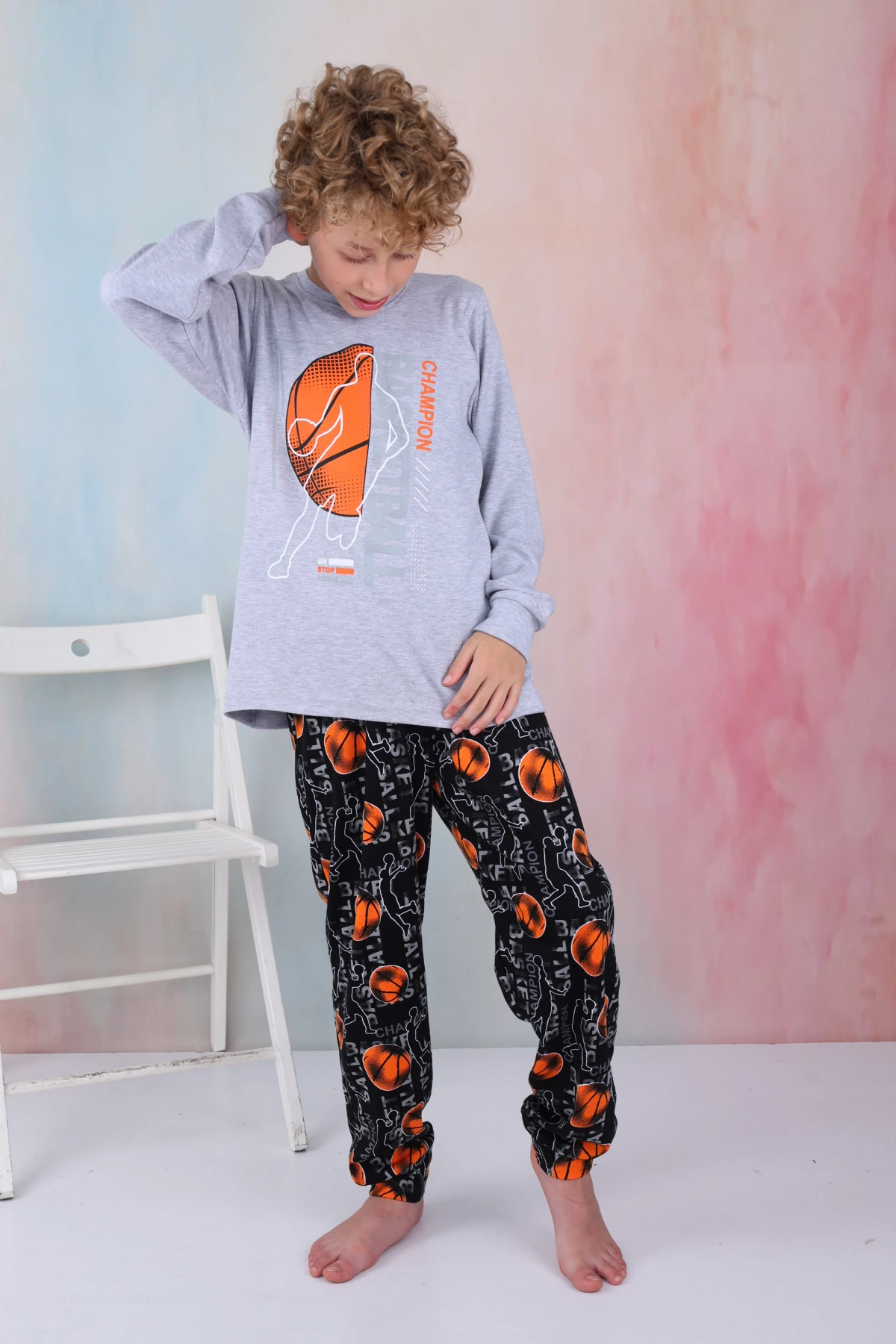 GRİ RENK BASKETBOL BASKILI ERKEK ÇOCUK PİJAMA TAKIMI