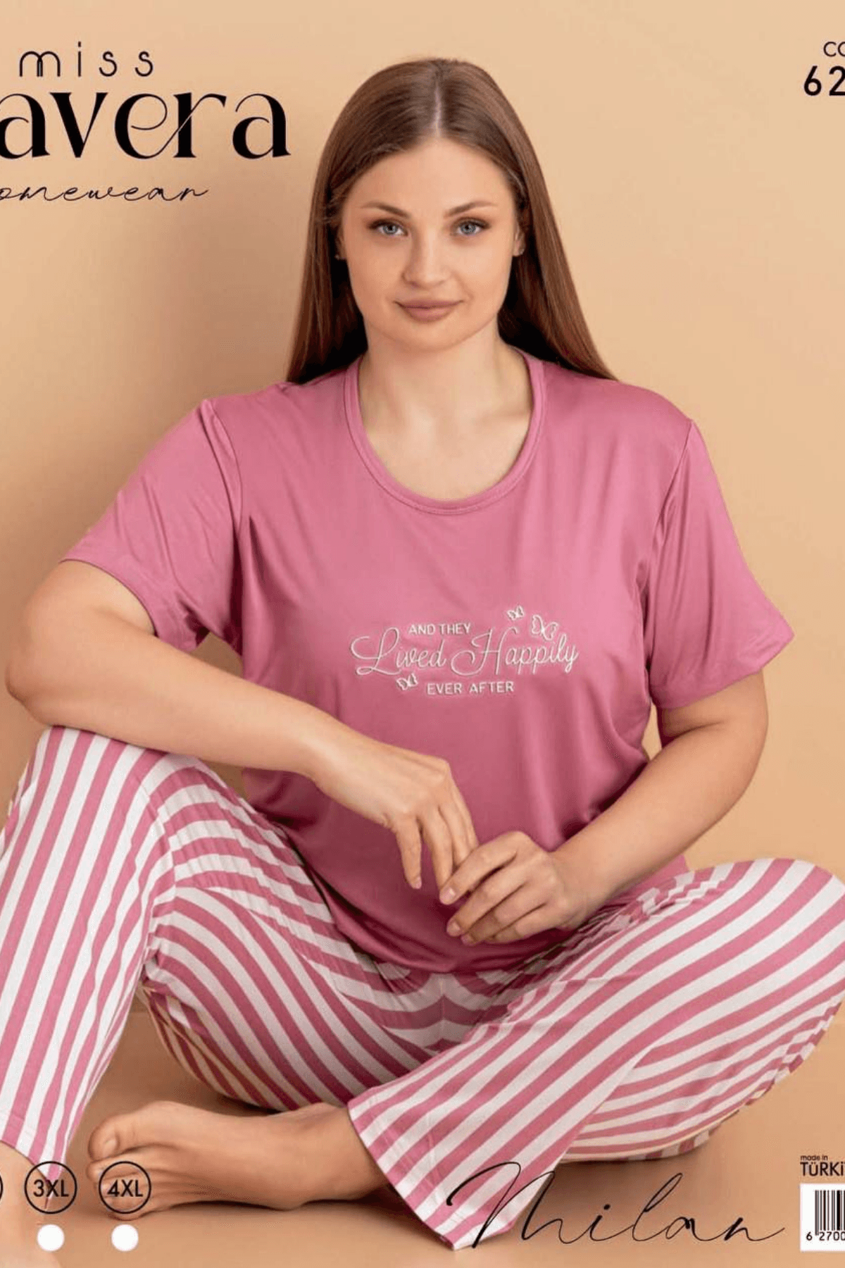GÜL KURUSU ÇİZGİ DESEN KISA KOL KADIN PİJAMA TAKIMI