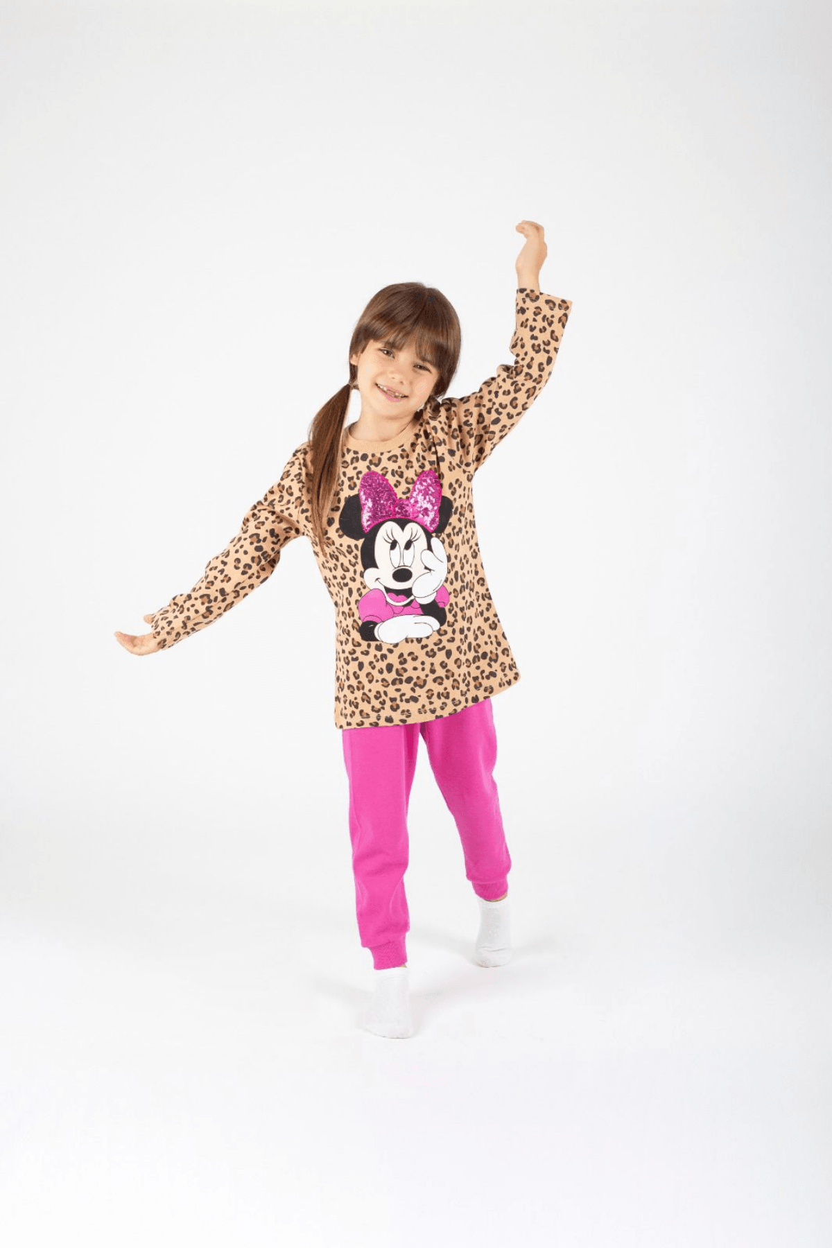 PEMBE LEOPAR SİMLİ MİNNİE MOUSE BASKILIKIZ ÇOCUK PİJAMA TAKIMI