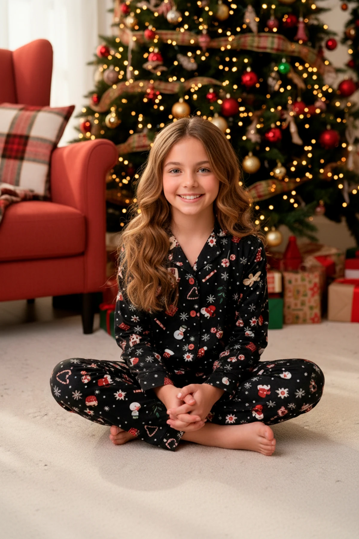 ÖNDEN DÜĞMELİ KARDAN ADAM DESEN KIZ ÇOCUK PİJAMA TAKIMI