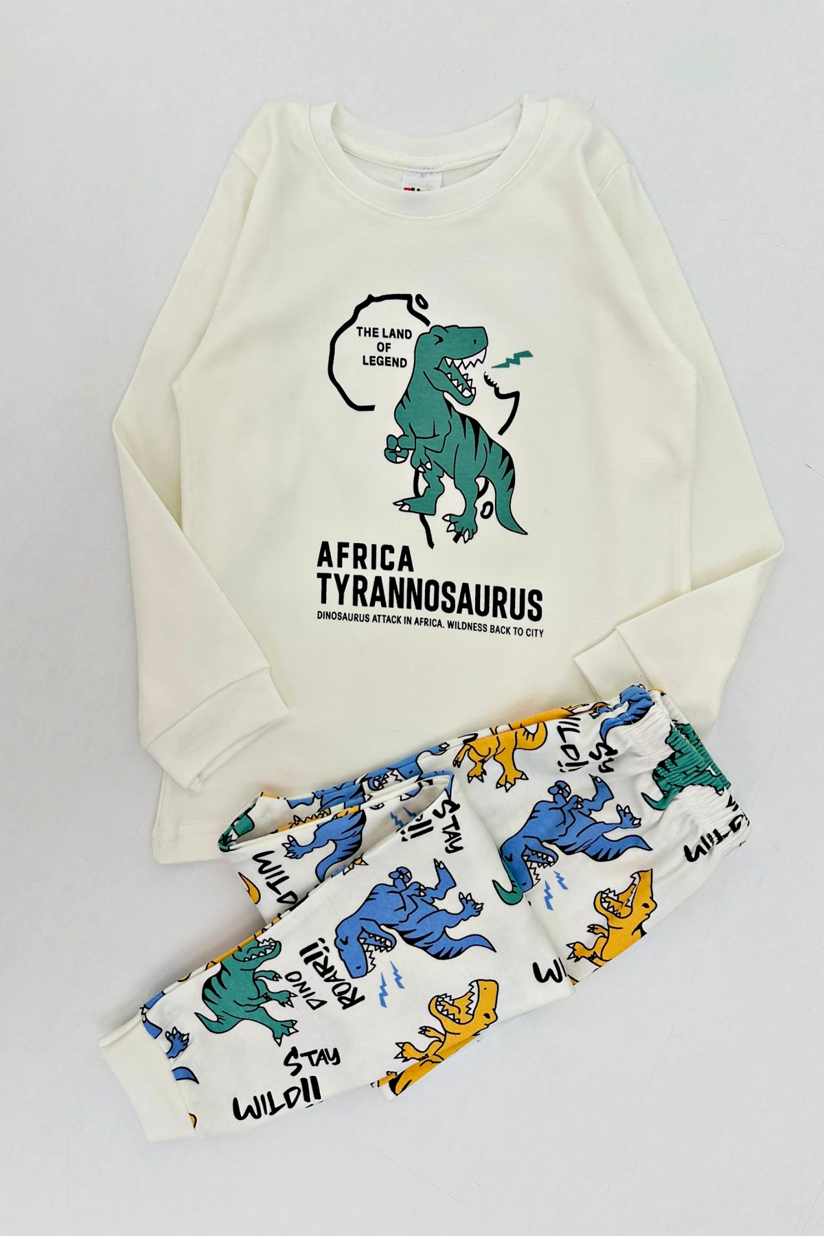 EKRU RENK DİNAZOR BASKILI ERKEK ÇOCUK PİJAMA TAKIMI