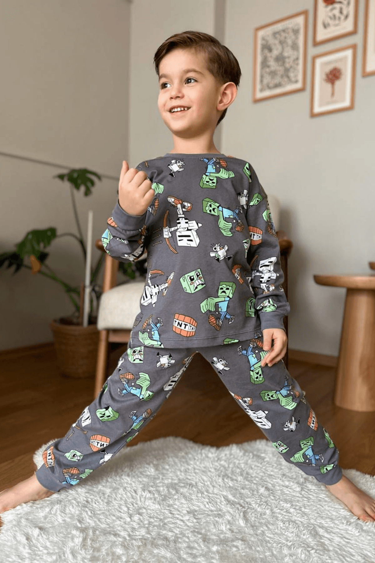 FÜME RENK MİNECRAFT DESEN ERKEK ÇOCUK PİJAMA TAKIMI