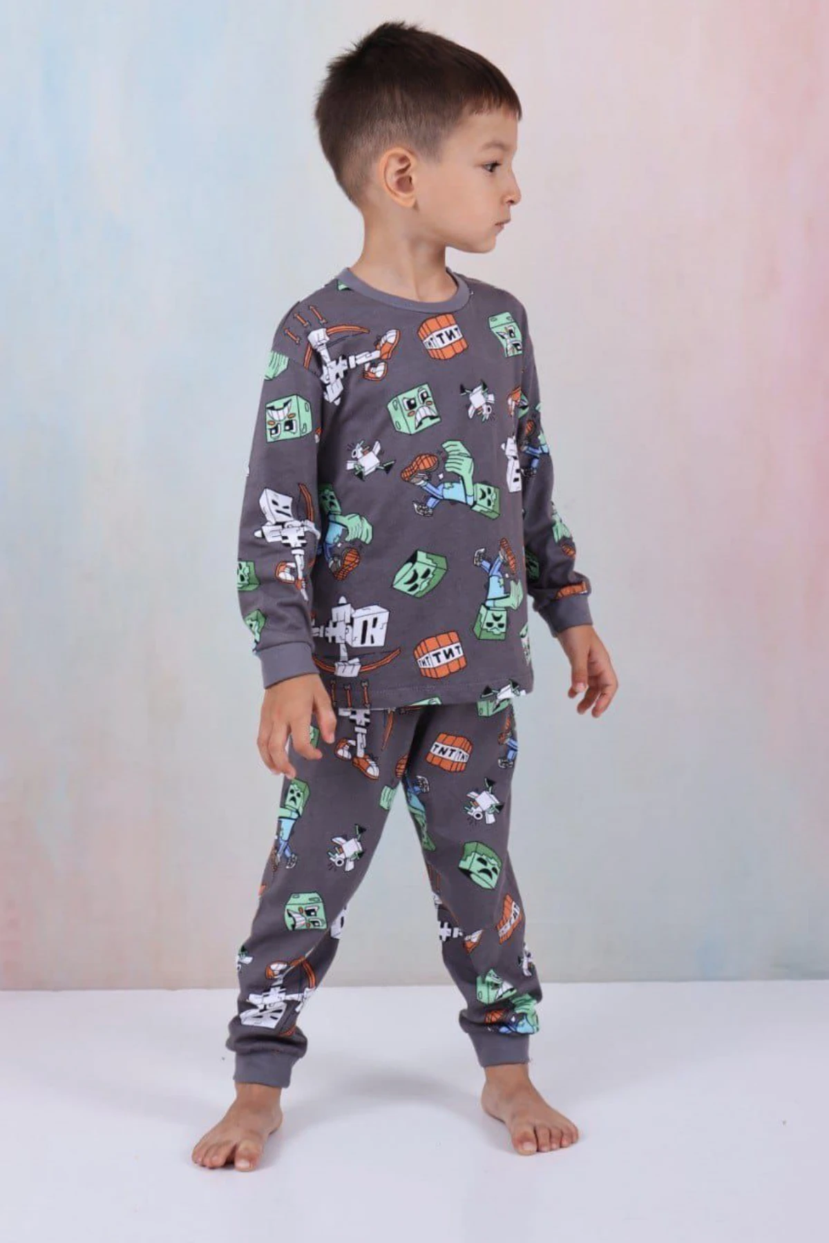 FÜME RENK MİNECRAFT DESEN ERKEK ÇOCUK PİJAMA TAKIMI
