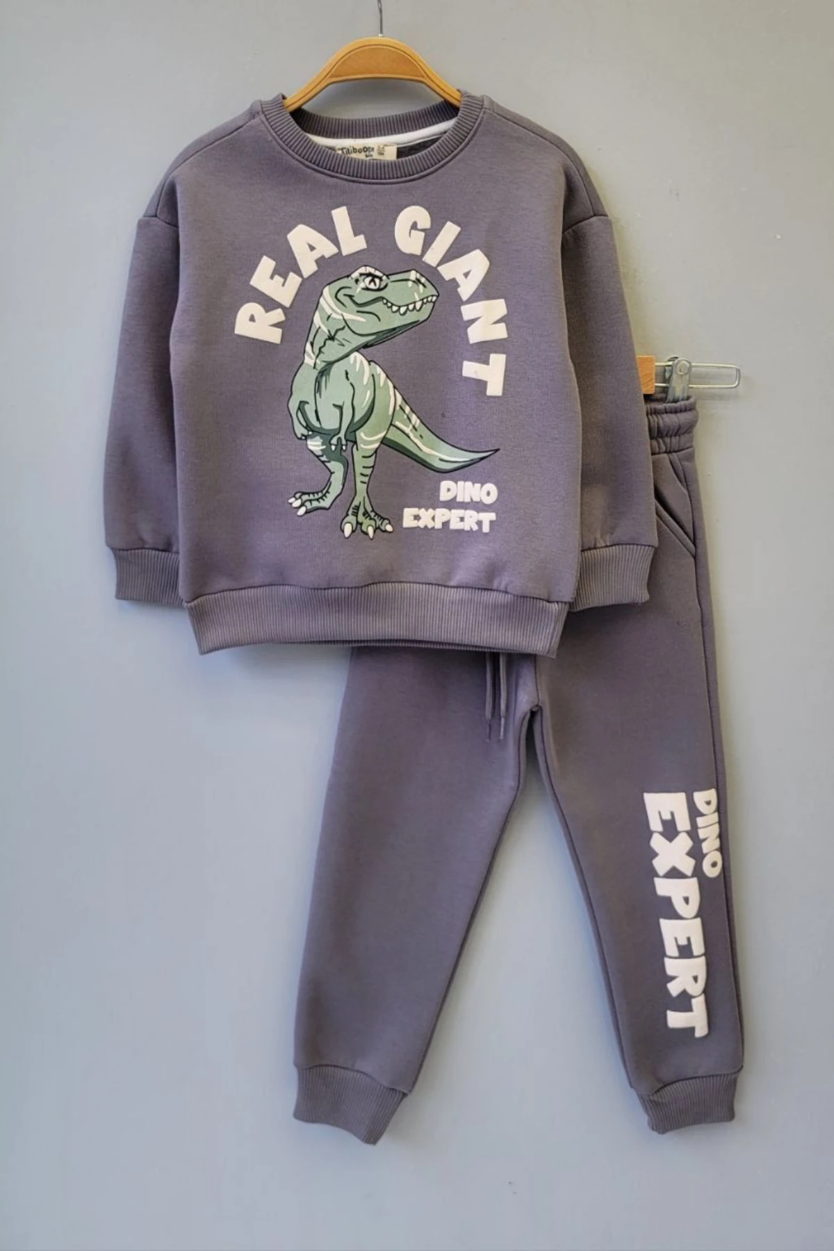 FÜME RENK YEŞİL DİNAZOR BASKILI ERKEK ÇOCUK ŞARDONLU EŞOFMAN TAKIMI