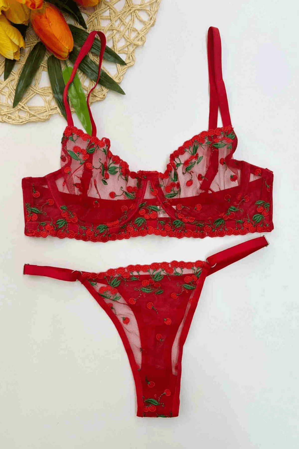KIRMIZI KİRAZ DESEN BRA SET