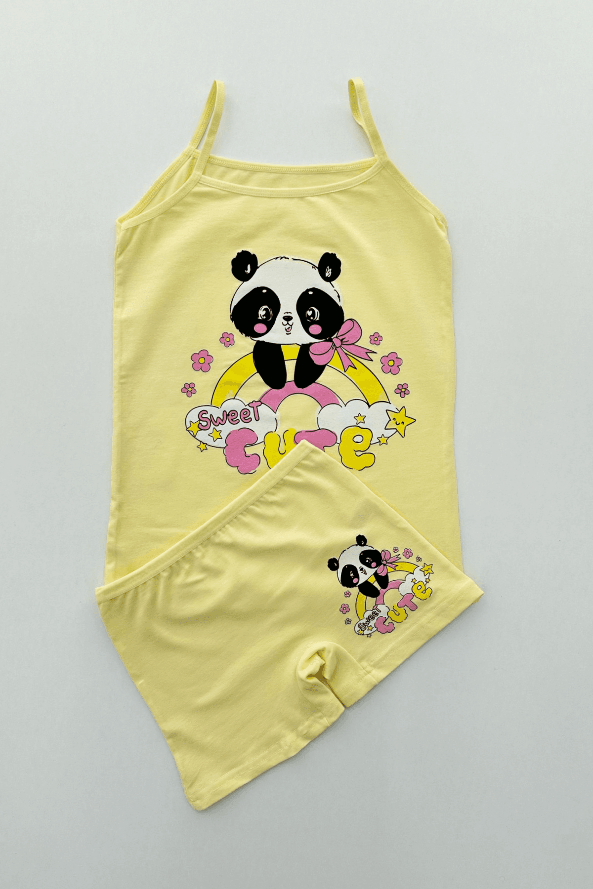 SARI  RENK PANDA BASKILI KIZ ÇOCUK ATLET BOXER TAKIM
