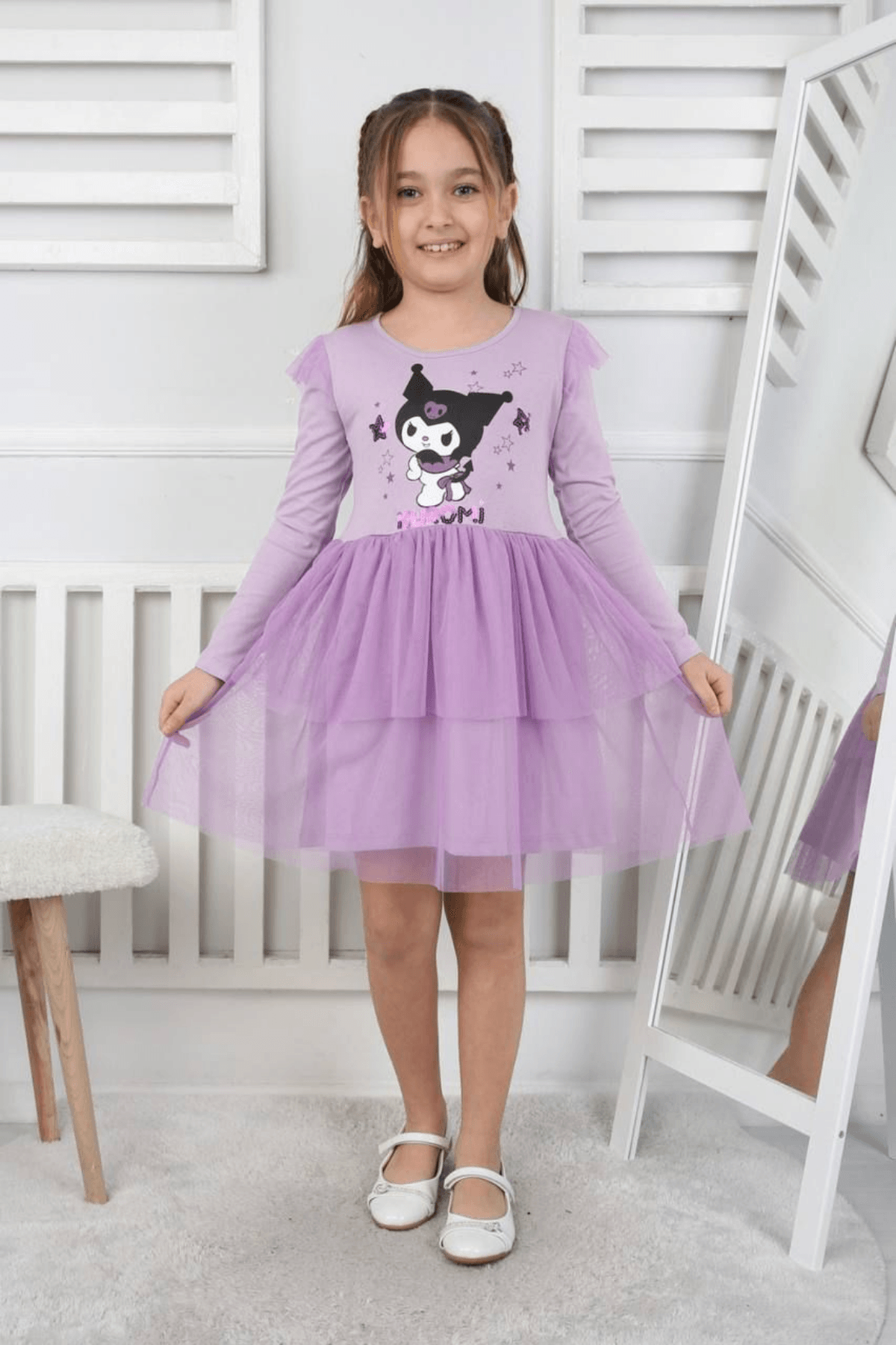 LİLA RENK KUROMİ DESEN TÜTÜLÜ KIZ ÇOCUK ELBİSE