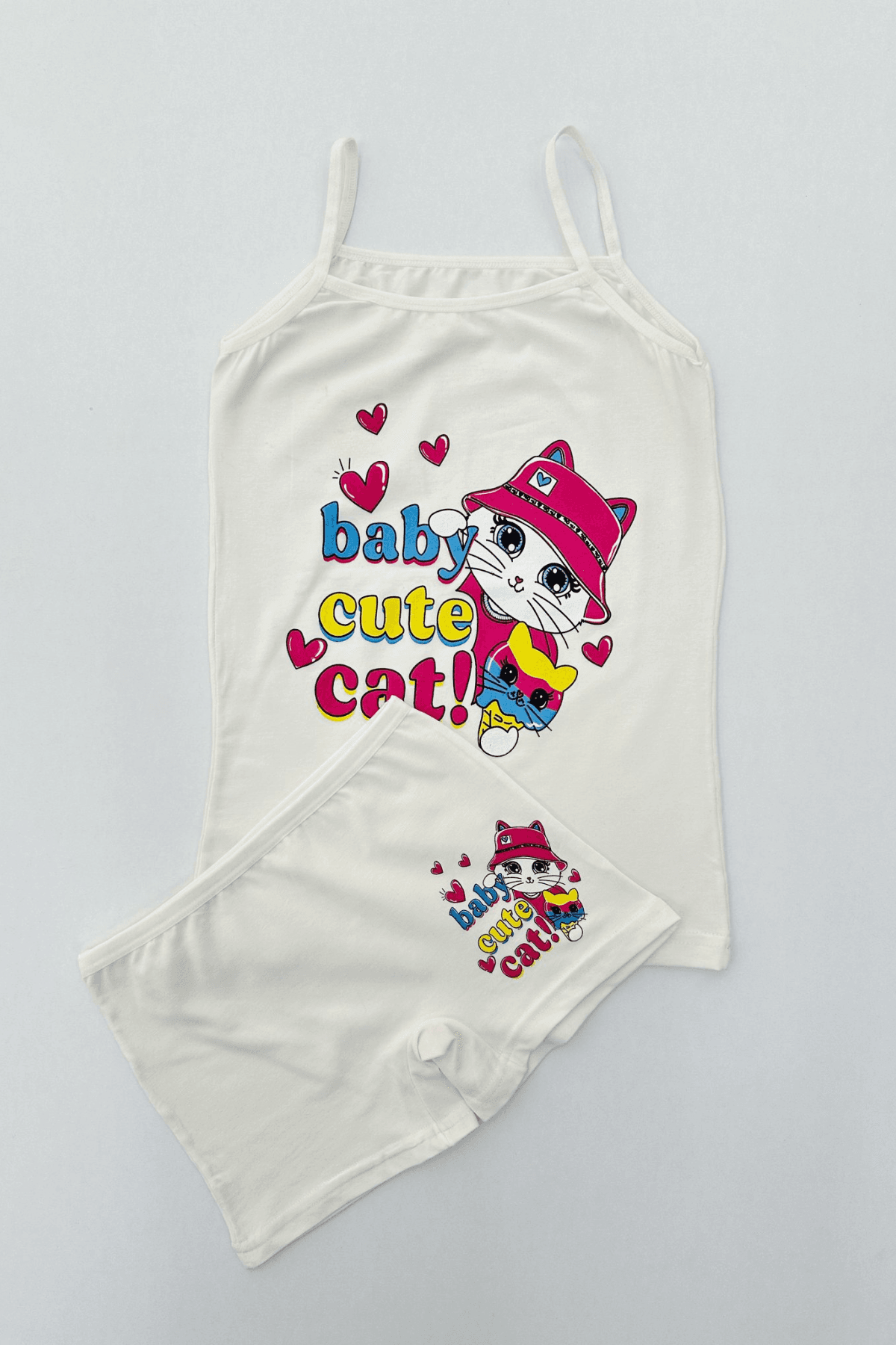 EKRU RENK KEDİ BASKILI KIZ ÇOCUK ATLET BOXER TAKIM
