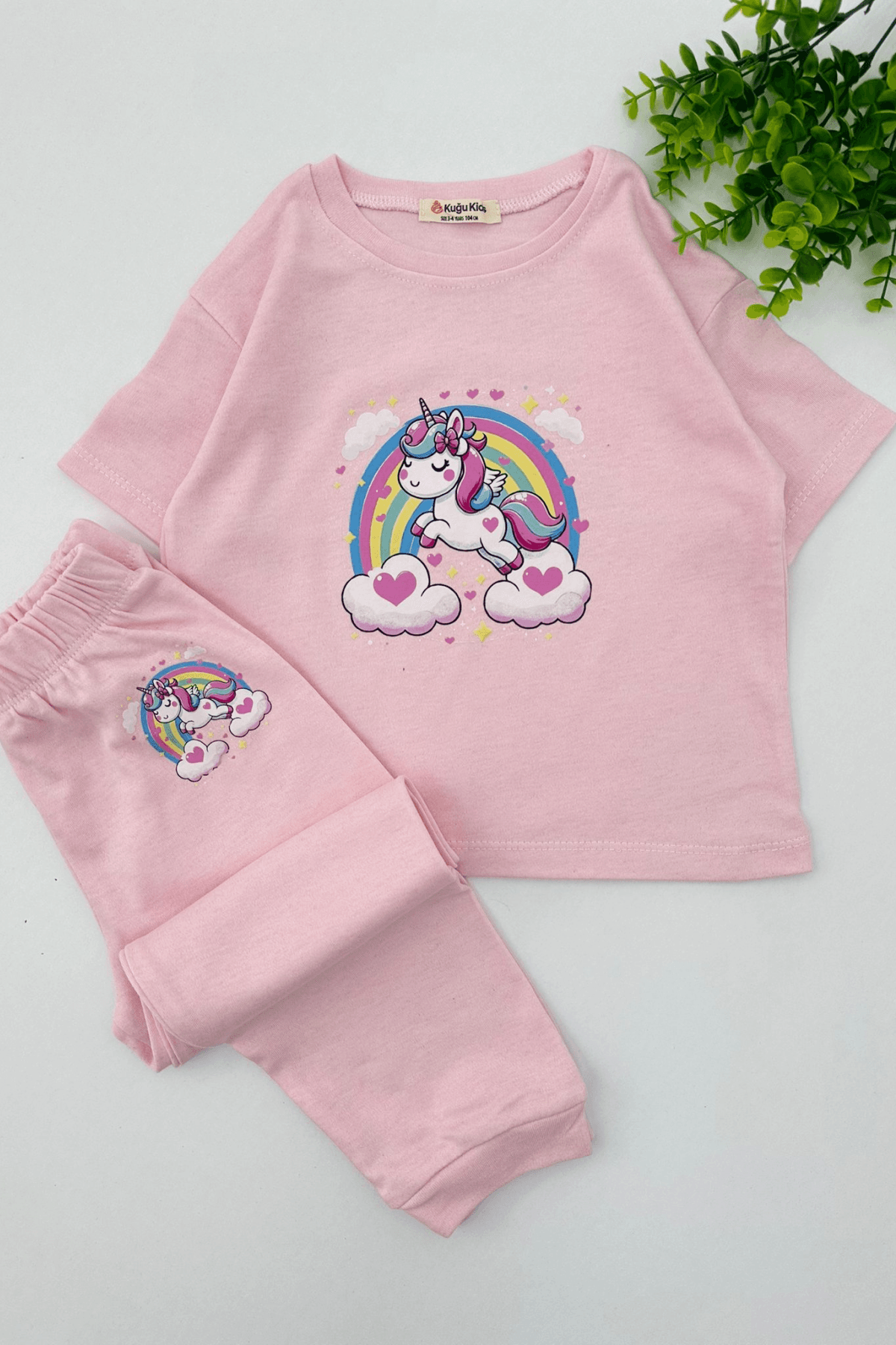 PEMBE RENK UNICORN BASKILI KISA KOL KIZ ÇOCUK PİJAMA TAKIMI