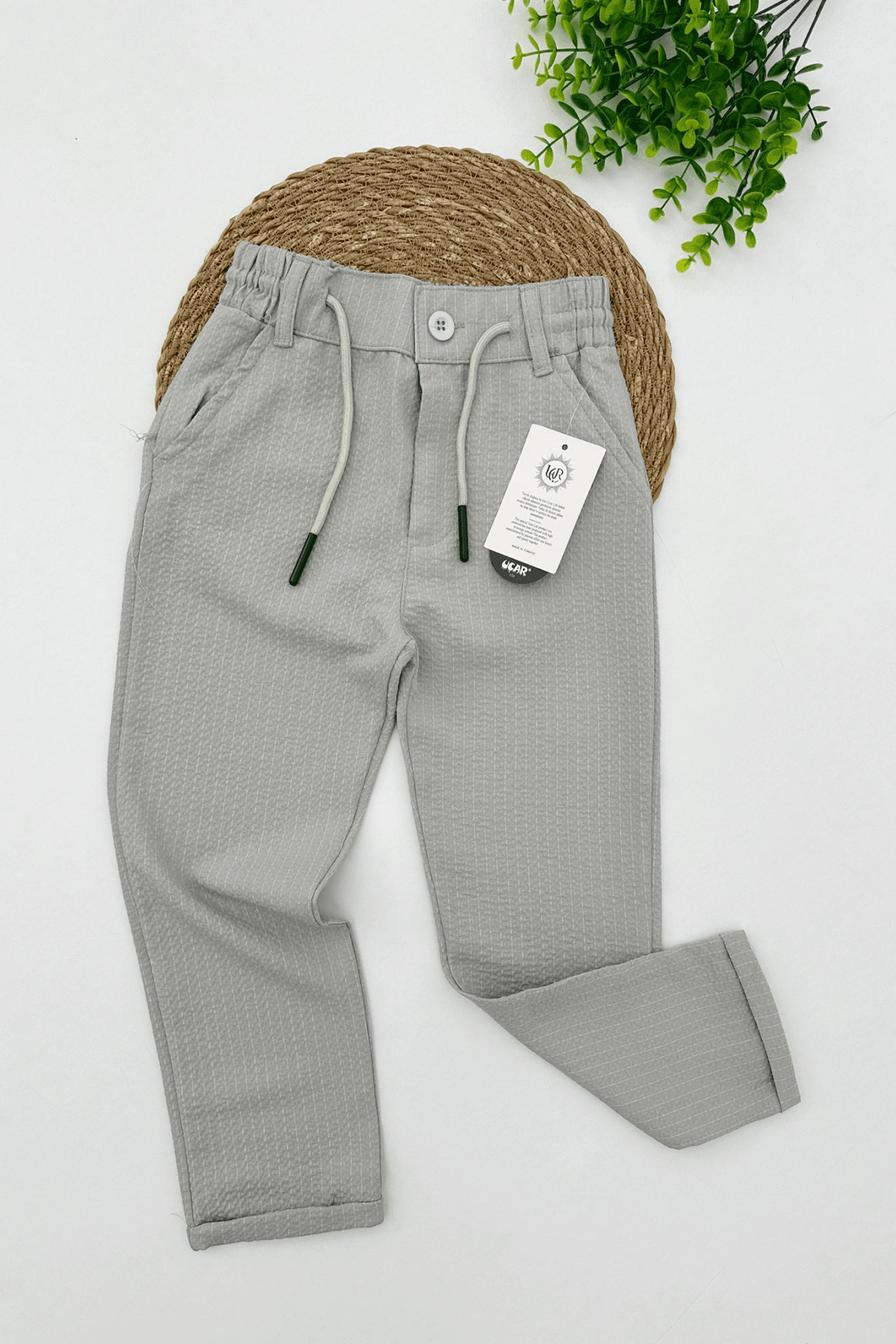 GRİ RENK EKRU ÇİZGİ DESEN BELİ LASTİKLİ ERKEK ÇOCUK PANTOLON