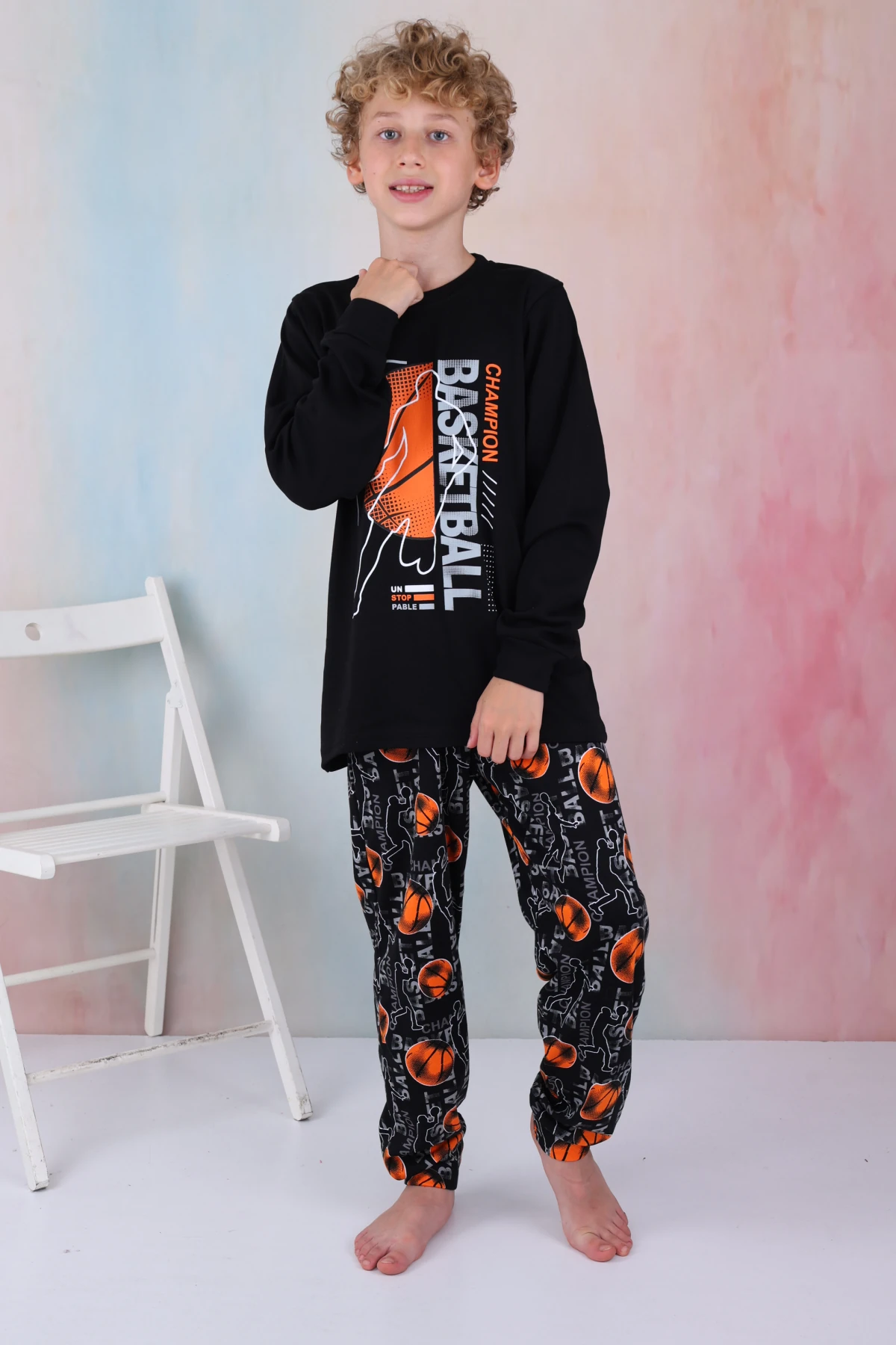SİYAH RENK BASKETBOL BASKILI ERKEK ÇOCUK PİJAMA TAKIMI