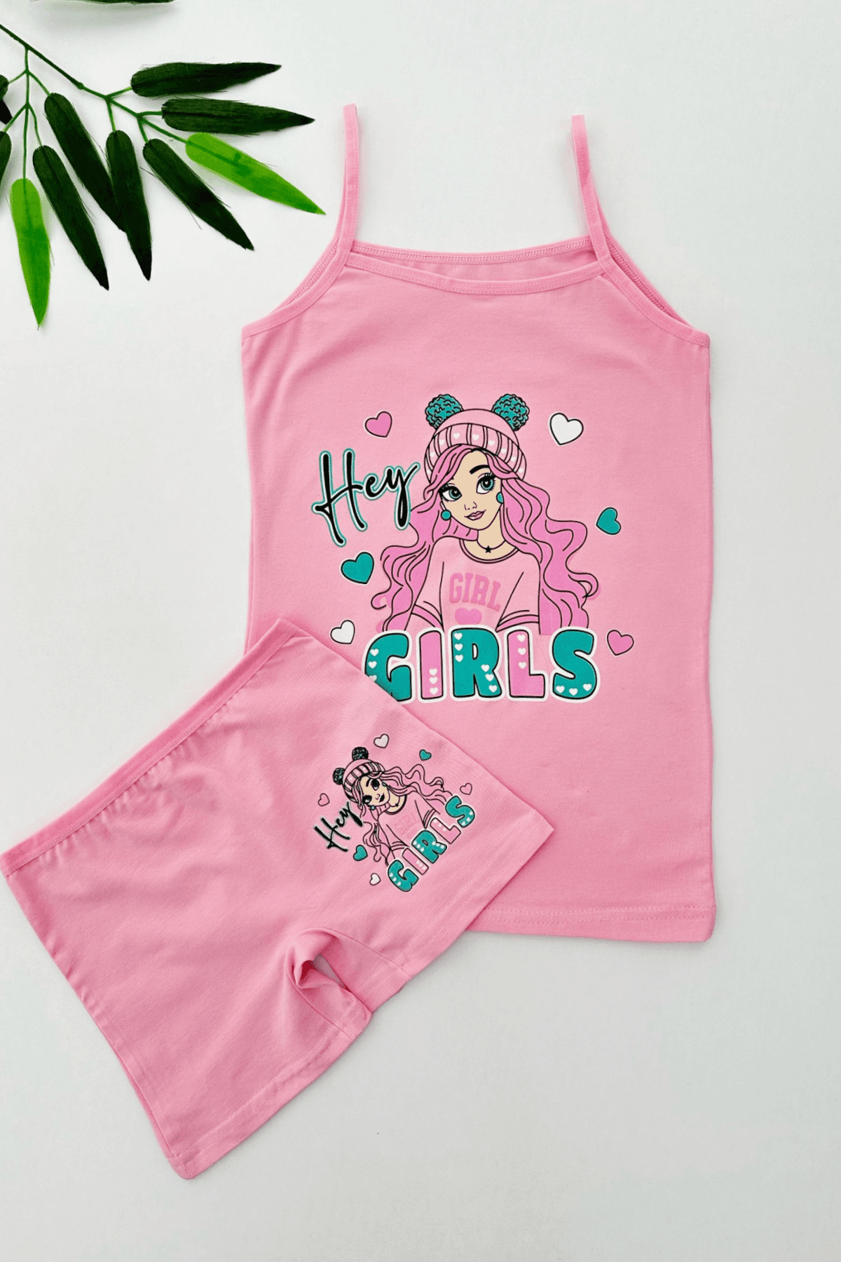 PEMBE RENK KIZ BASKILI İP ASKILI KIZ ÇOCUK ATLET BOXER TAKIM