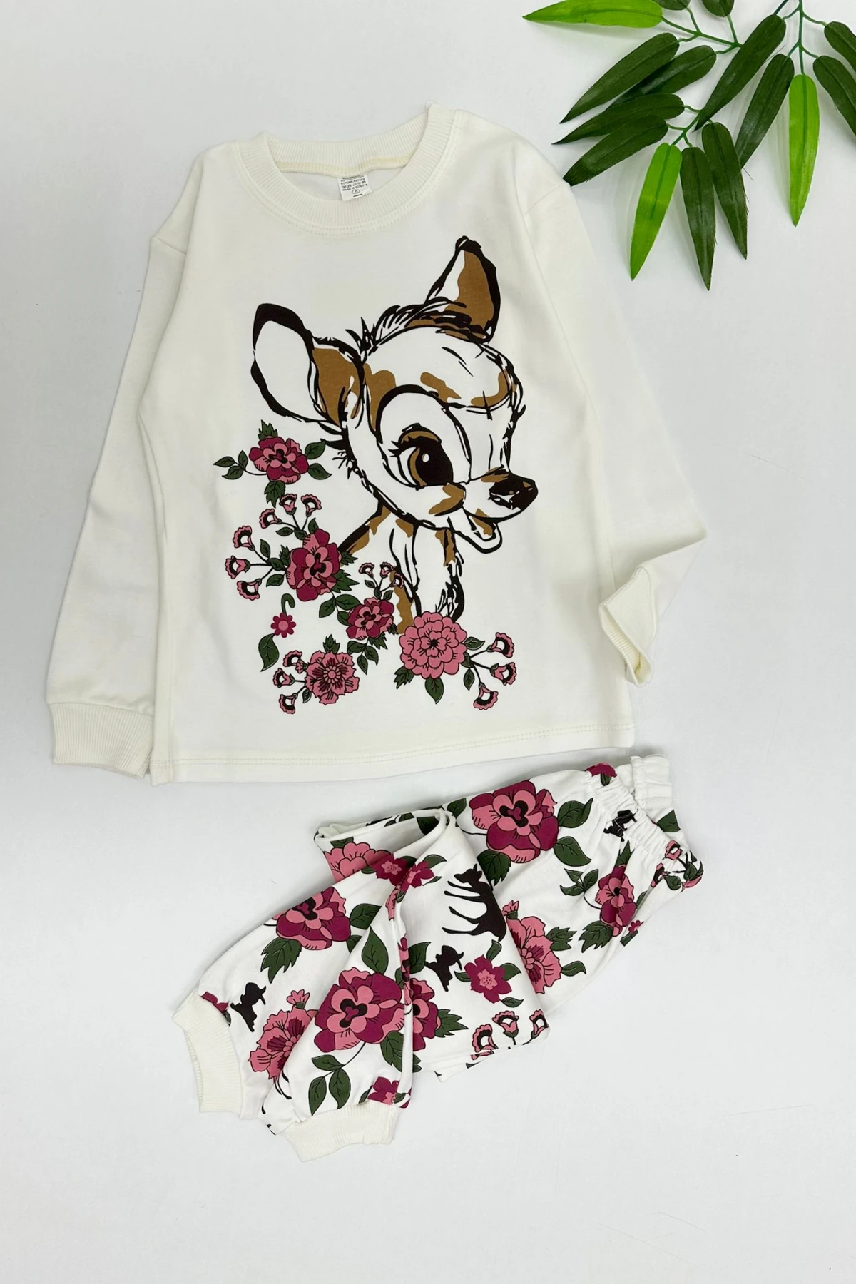 EKRU RENK CEYLAN BASKILI KIZ ÇOCUK PİJAMA TAKIMI