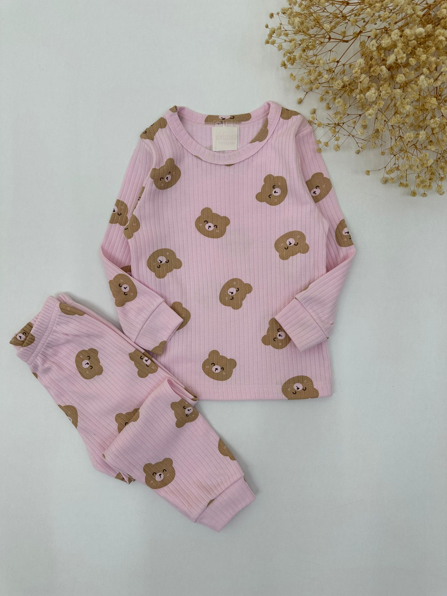 PEMBE RENK KAHVERENGİ AYICIK DESEN KIZ ÇOCUK PİJAMA TAKIMI 
