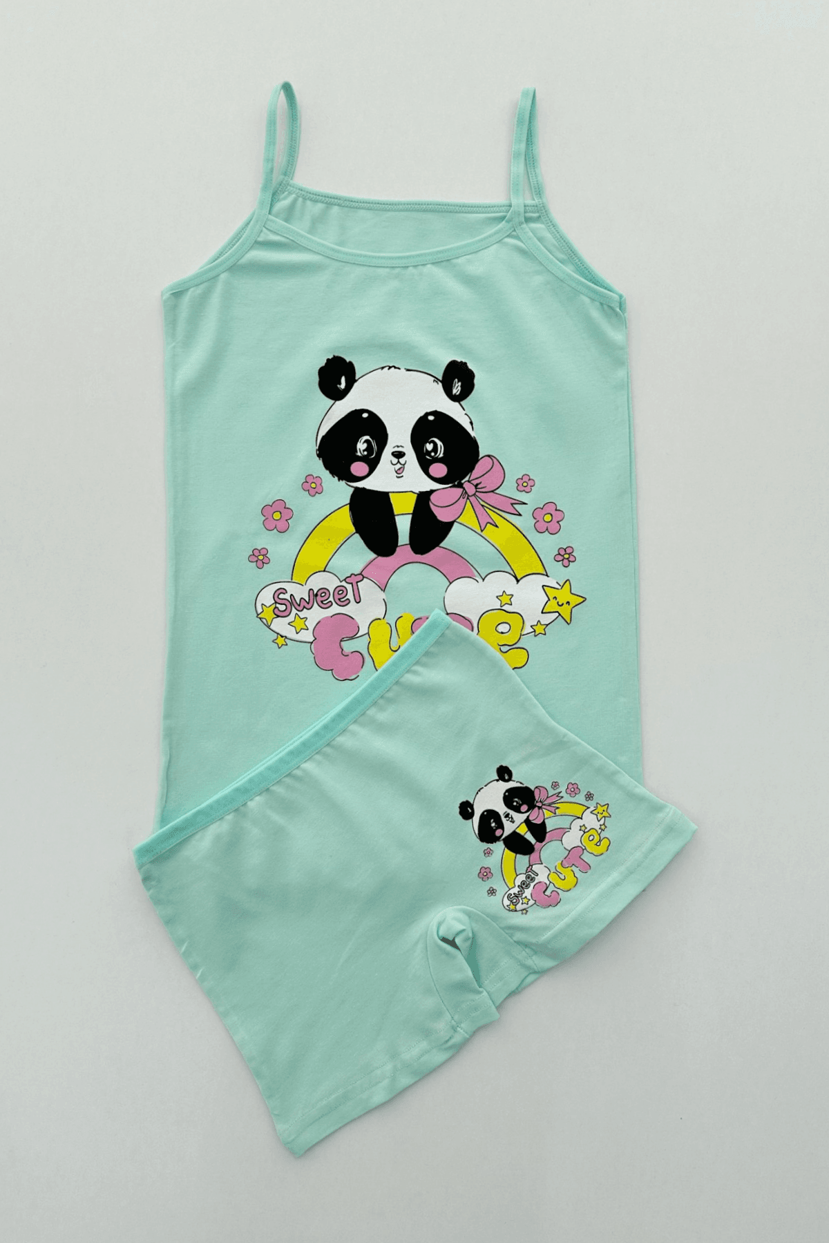 SU YEŞİLİ PANDA BASKILI KIZ ÇOCUK ATLET BOXER TAKIM
