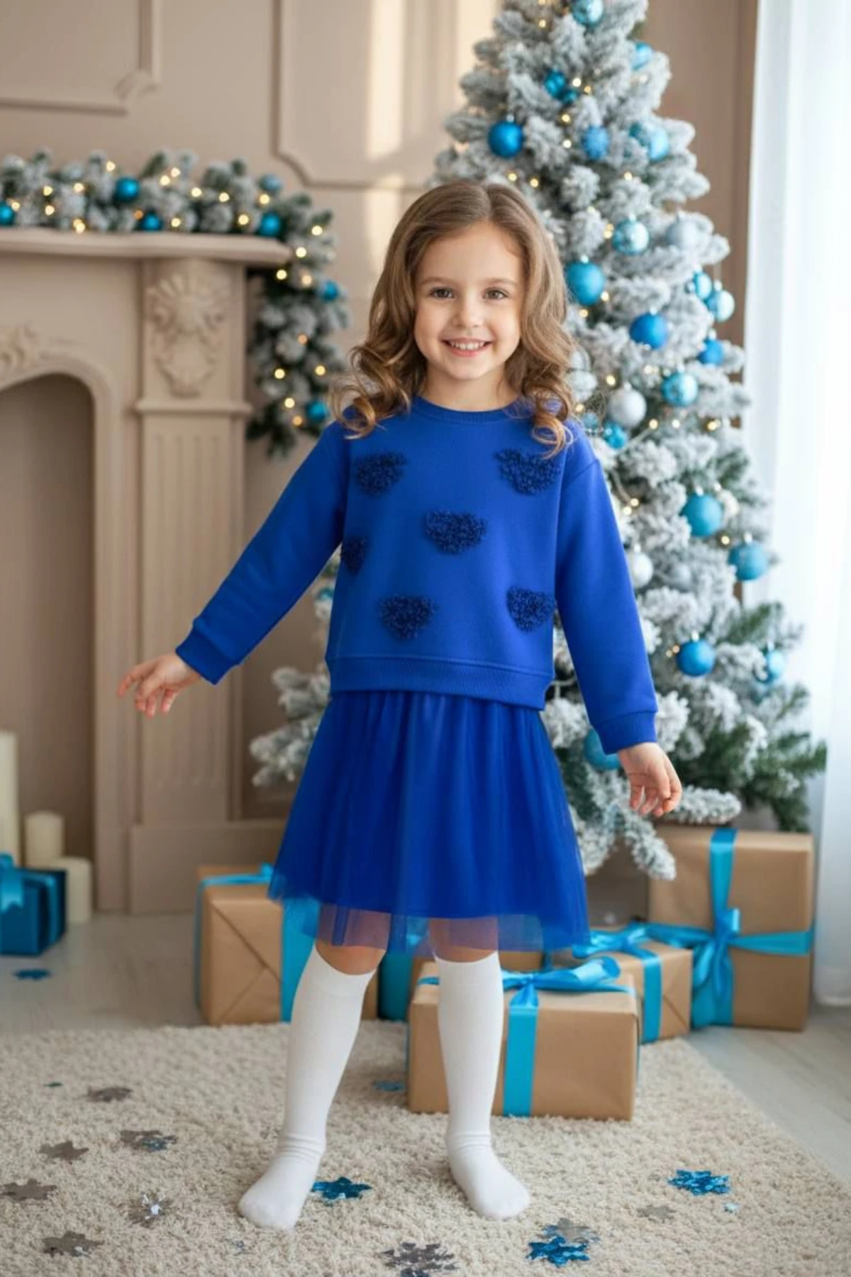 SAKS MAVİSİ KALP NAKIŞLI TÜTÜLÜ KIZ ÇOCUK ELBİSE