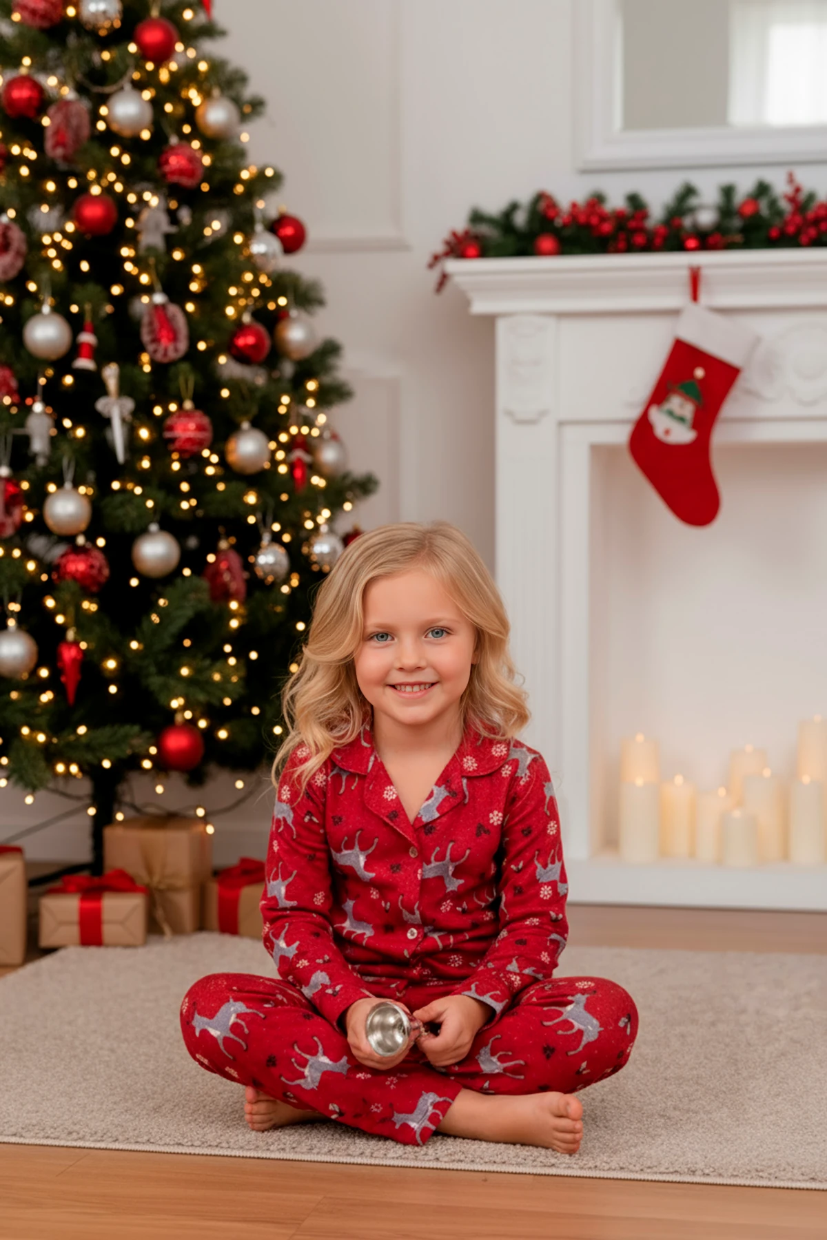 ÖNDEN DÜĞMELİ KIRMIZI GEYİK DESEN KIZ ÇOCUK PİJAMA TAKIMI