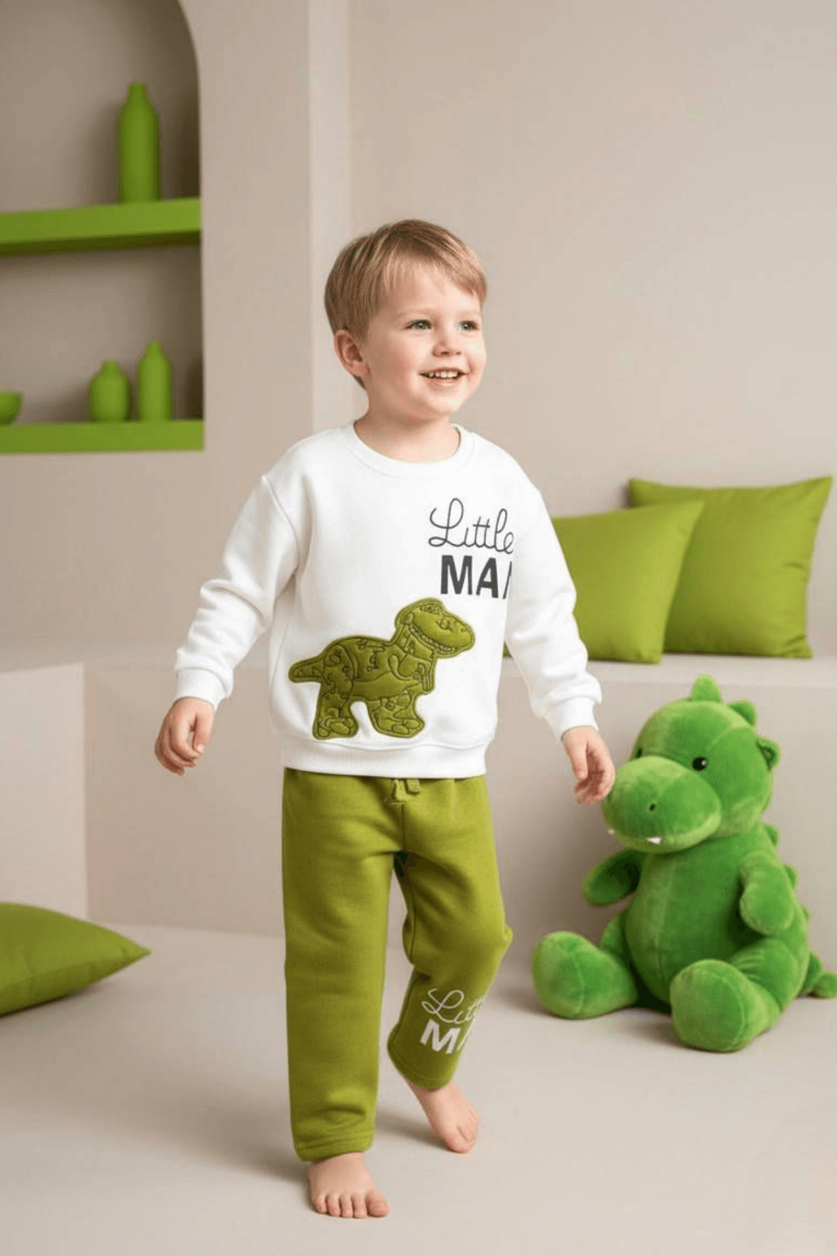 LITTLE MAN DINO DESENLİ ERKEK ÇOCUK EŞOFMAN TAKIMI  – Yeşil