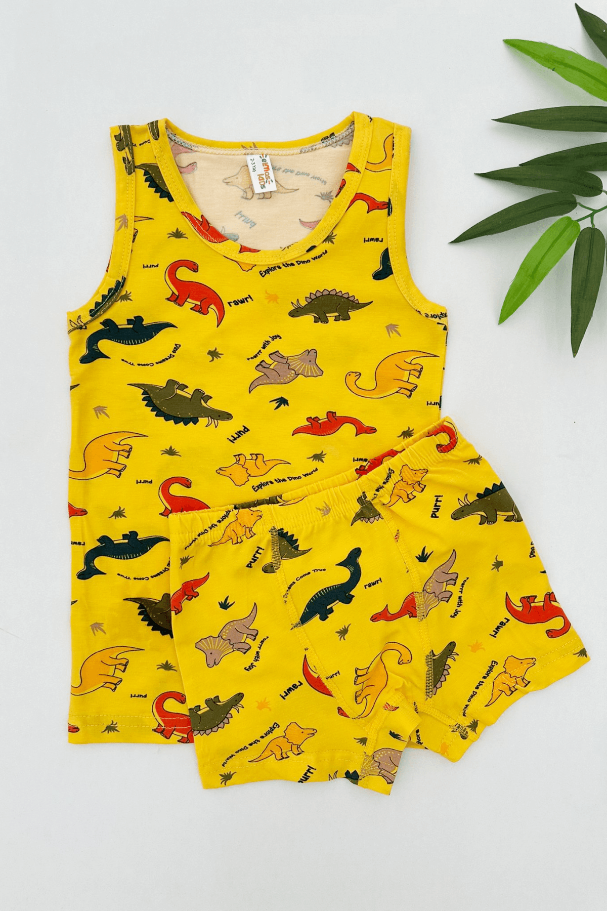 SARI RENK DİNAZOR DESEN ERKEK ÇOCUK ATLET BOXER TAKIM 