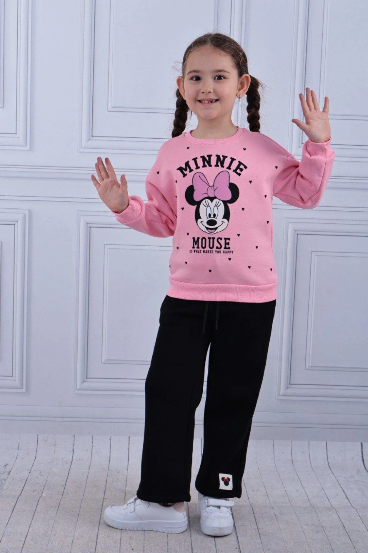 PEMBE RENK MİNNİE MOUSE BASKILI KIZ ÇOCUK ŞARDONLU EŞOFMAN TAKIMI