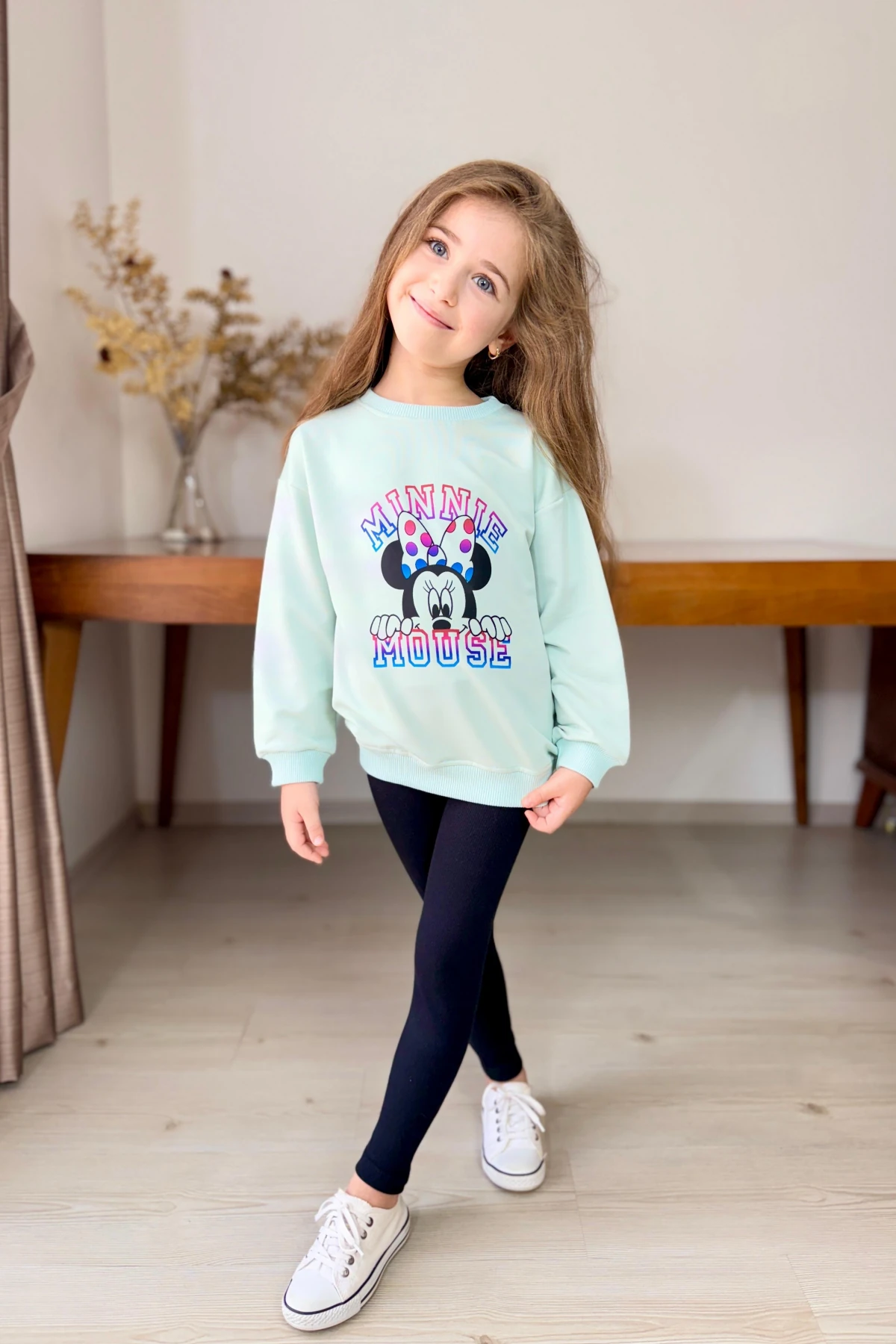 MİNT RENK MİNNİE MOUSE BASKILI KIZ ÇOCUK TAYTLI TAKIM