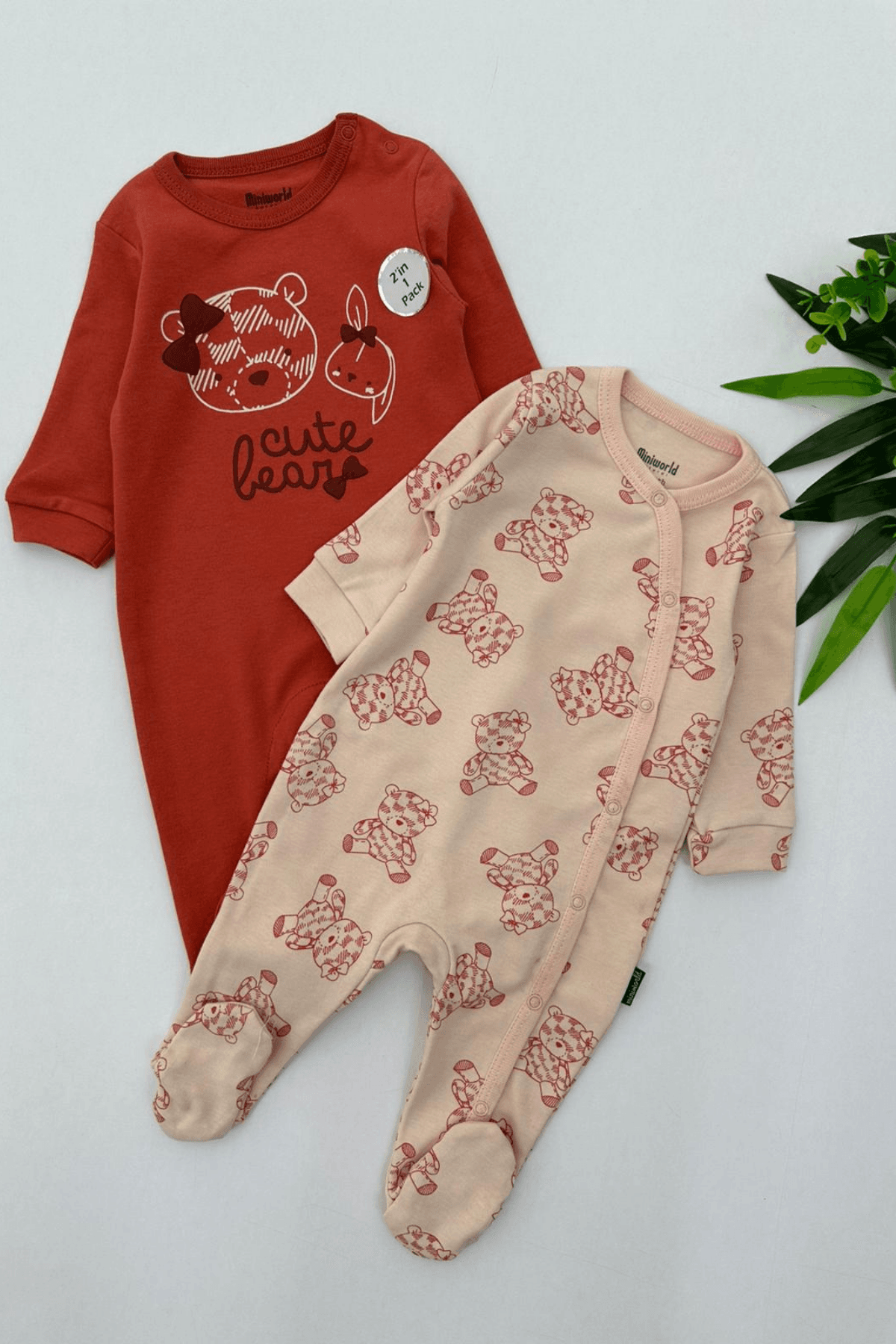 2'Lİ KİREMİT RENK AYICIK DESEN KIZ BEBEK TULUM