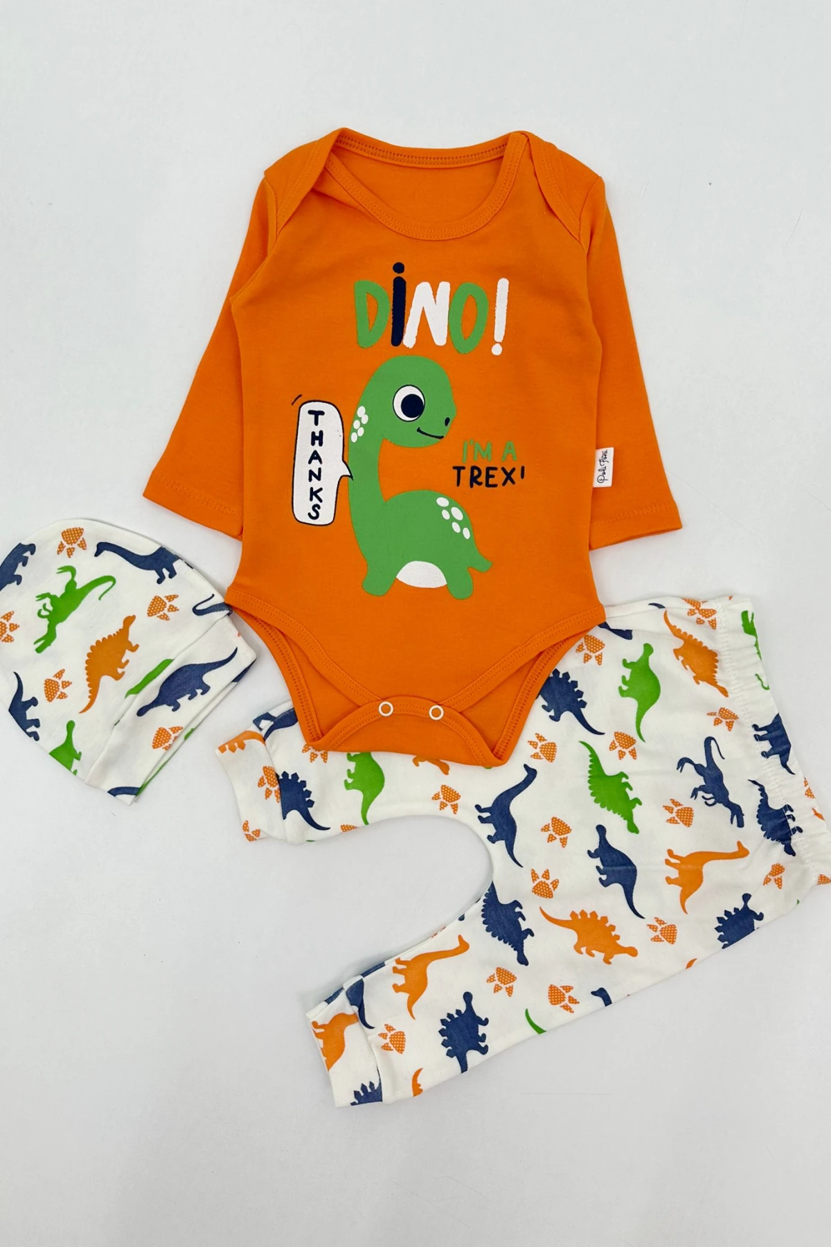 TURUNCU RENK DİNAZOR BASKILI  ERKEK BEBEK ŞAPKALI ZIBIN SET