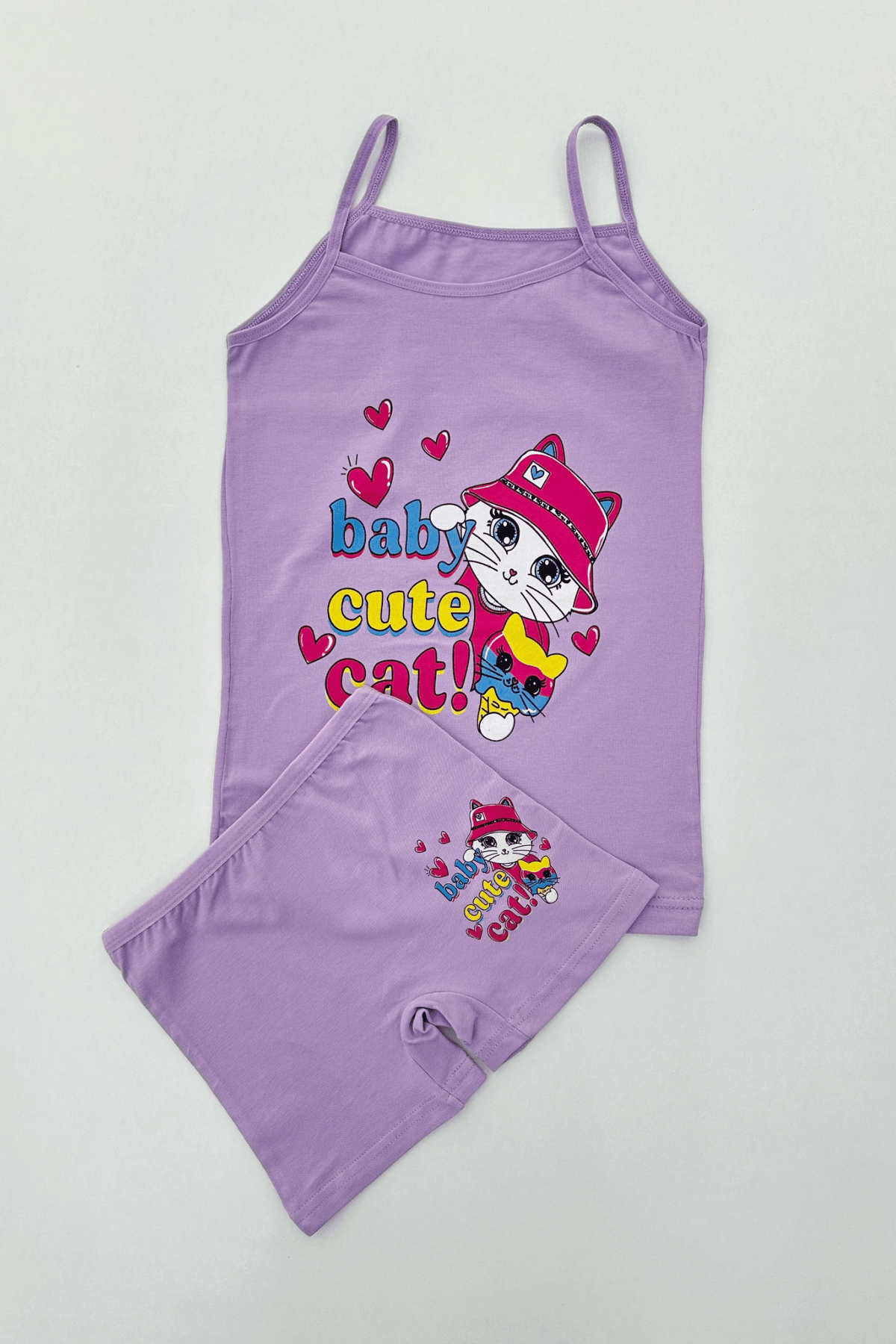 LİLA RENK KEDİ BASKILI KIZ ÇOCUK ATLET BOXER TAKIM