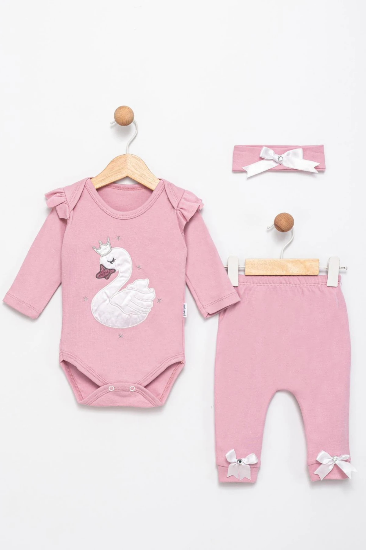 GÜL KURUSU KUĞU NAKIŞLI KIZ BEBEK BANDANALI ZIBIN SET