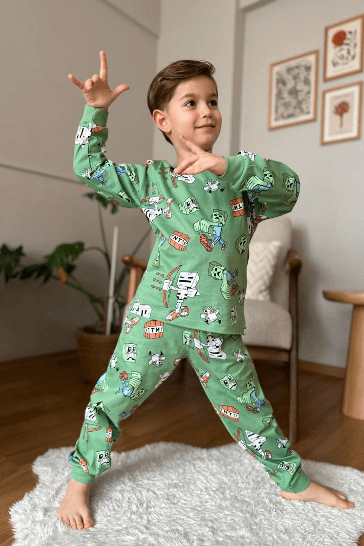 MİNT RENK MİNECRAFT DESEN ERKEK ÇOCUK PİJAMA TAKIMI