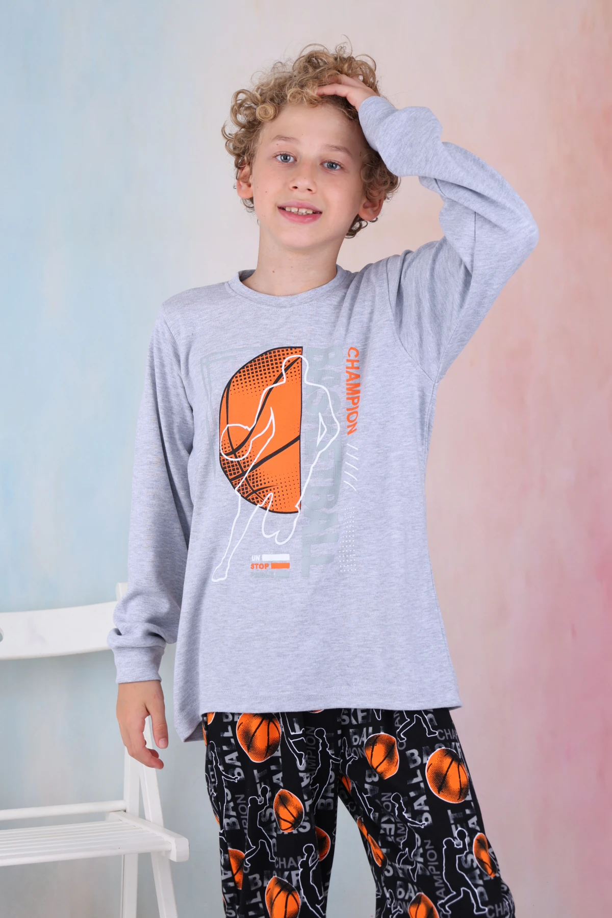 GRİ RENK BASKETBOL BASKILI ERKEK ÇOCUK PİJAMA TAKIMI