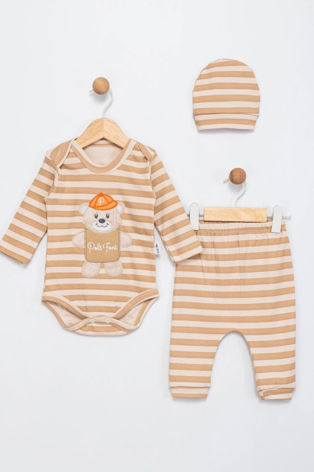BEJ RENK ÇİZGİLİ AYICIK NAKIŞLI ERKEK BEBEK ŞAPKALI ZIBIN SET