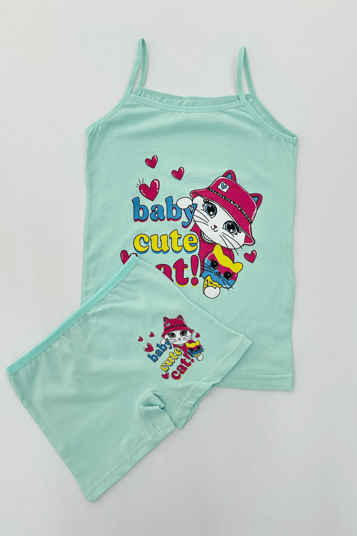 MİNT RENK KEDİ BASKILI KIZ ÇOCUK ATLET BOXER TAKIM
