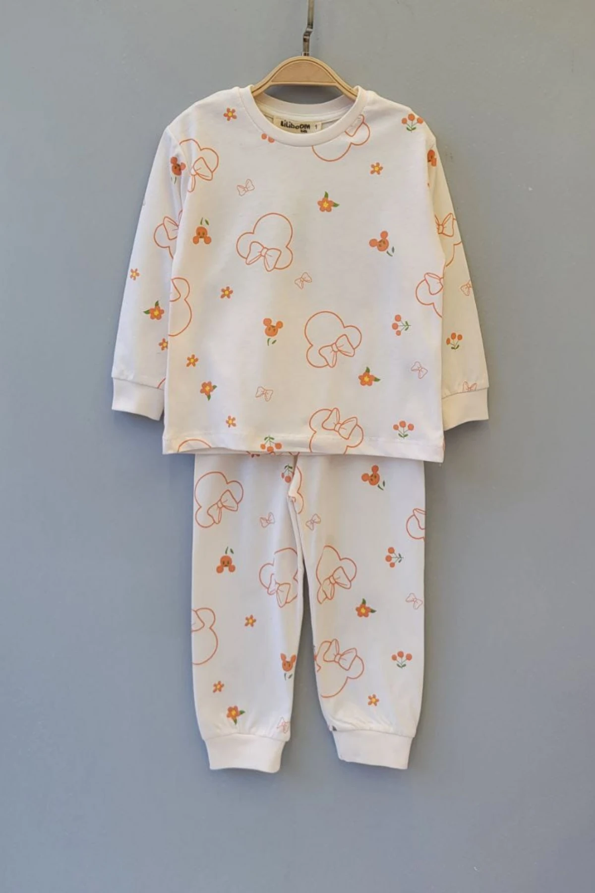 EKRU TURUNCU RENK MİNNİE MOUSE DESEN KIZ BEBEK PİJAMA TAKIMI