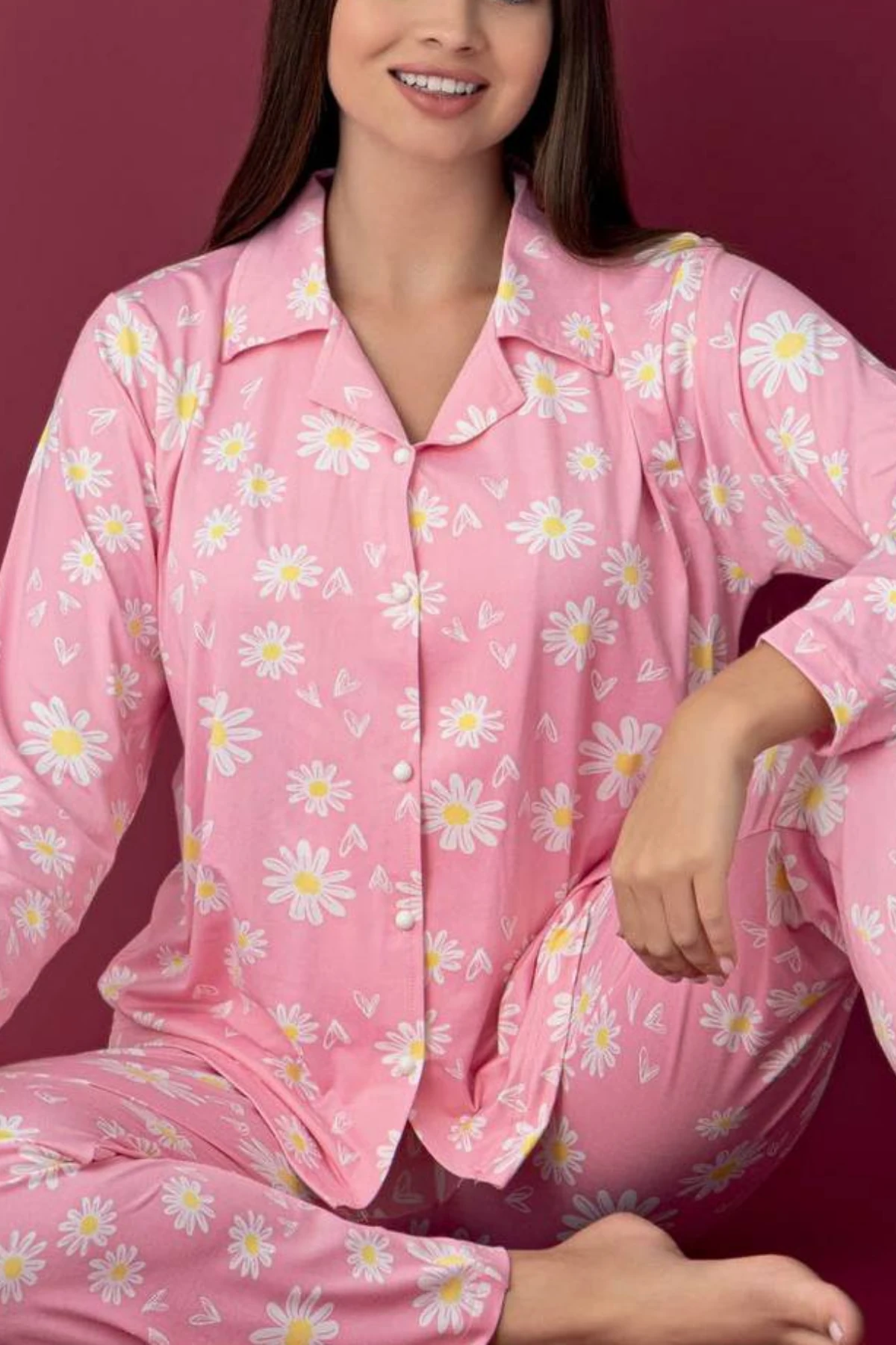 PEMBE PAPATYA DESEN MİLAN KUMAŞ KADIP PİJAMA TAKIMI