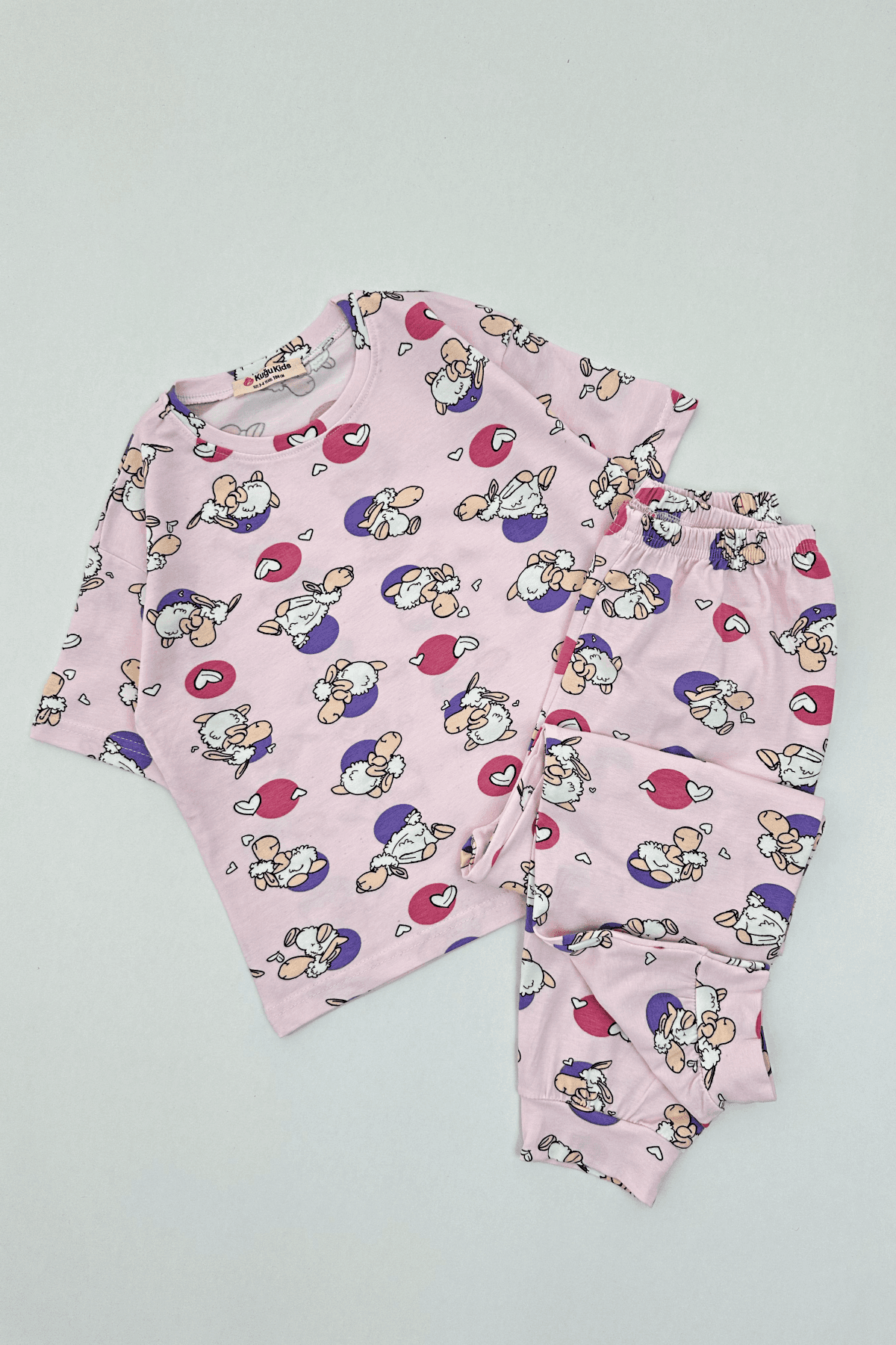 PEMBE RENK KIVIRCIK KOYUN DESEN KIZ ÇOCUK KISA KOLLU PİJAMA TAKIMI