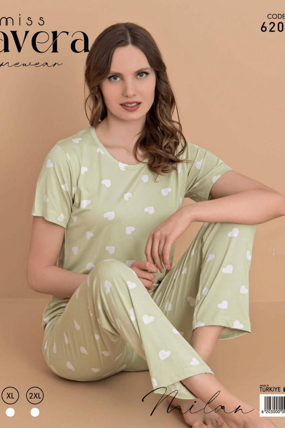FISTIK YEŞİLİ KALP DESEN KISA KOL KADIN PİJAMA TAKIMI