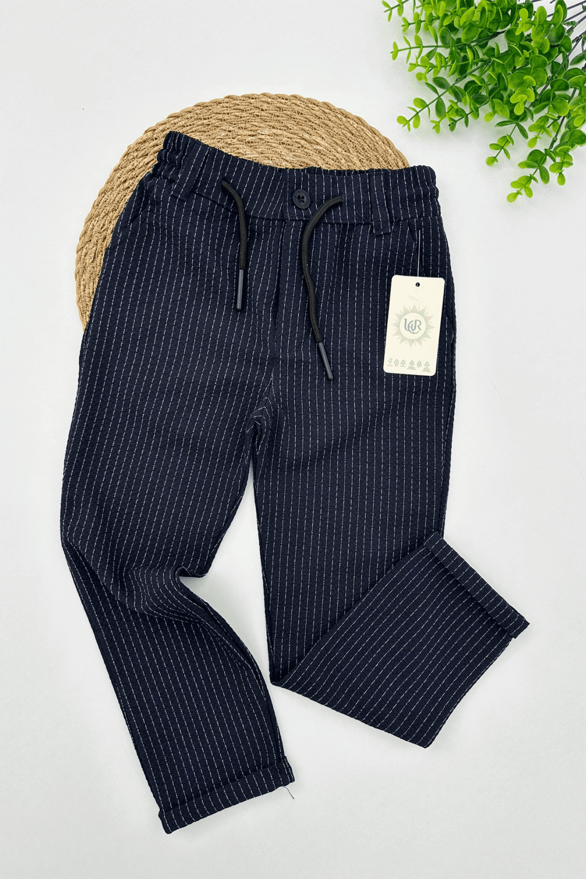 KOYU LACİVERT EKRU ÇİZGİ DESEN BELİ LASTİKLİ ERKEK ÇOCUK PANTOLON