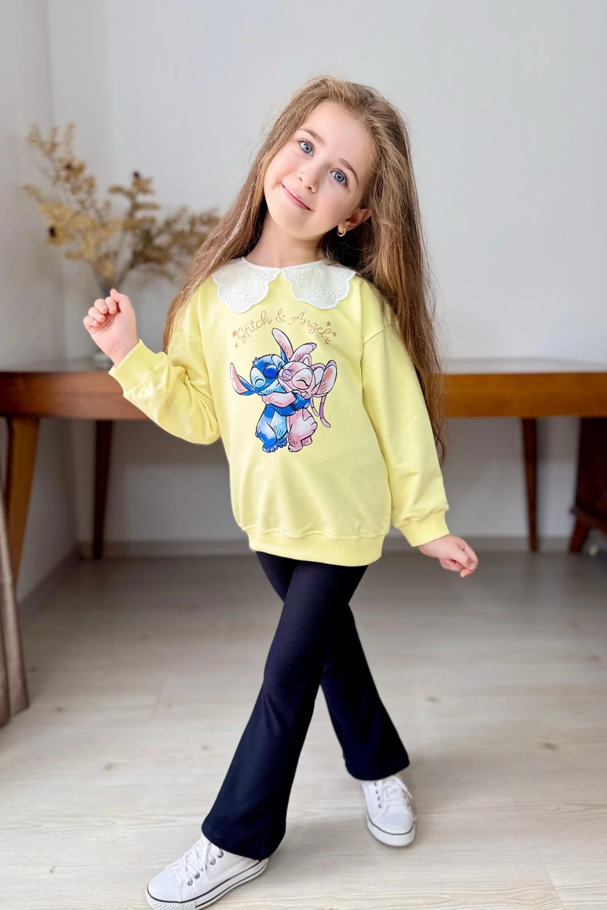 SARI RENK STİÇ BASKILI BEBE YAKA KIZ ÇOCUK ALT ÜST TAKIM