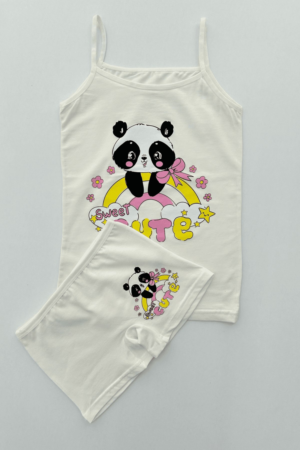 EKRU RENK PANDA BASKILI KIZ ÇOCUK ATLET BOXER TAKIM