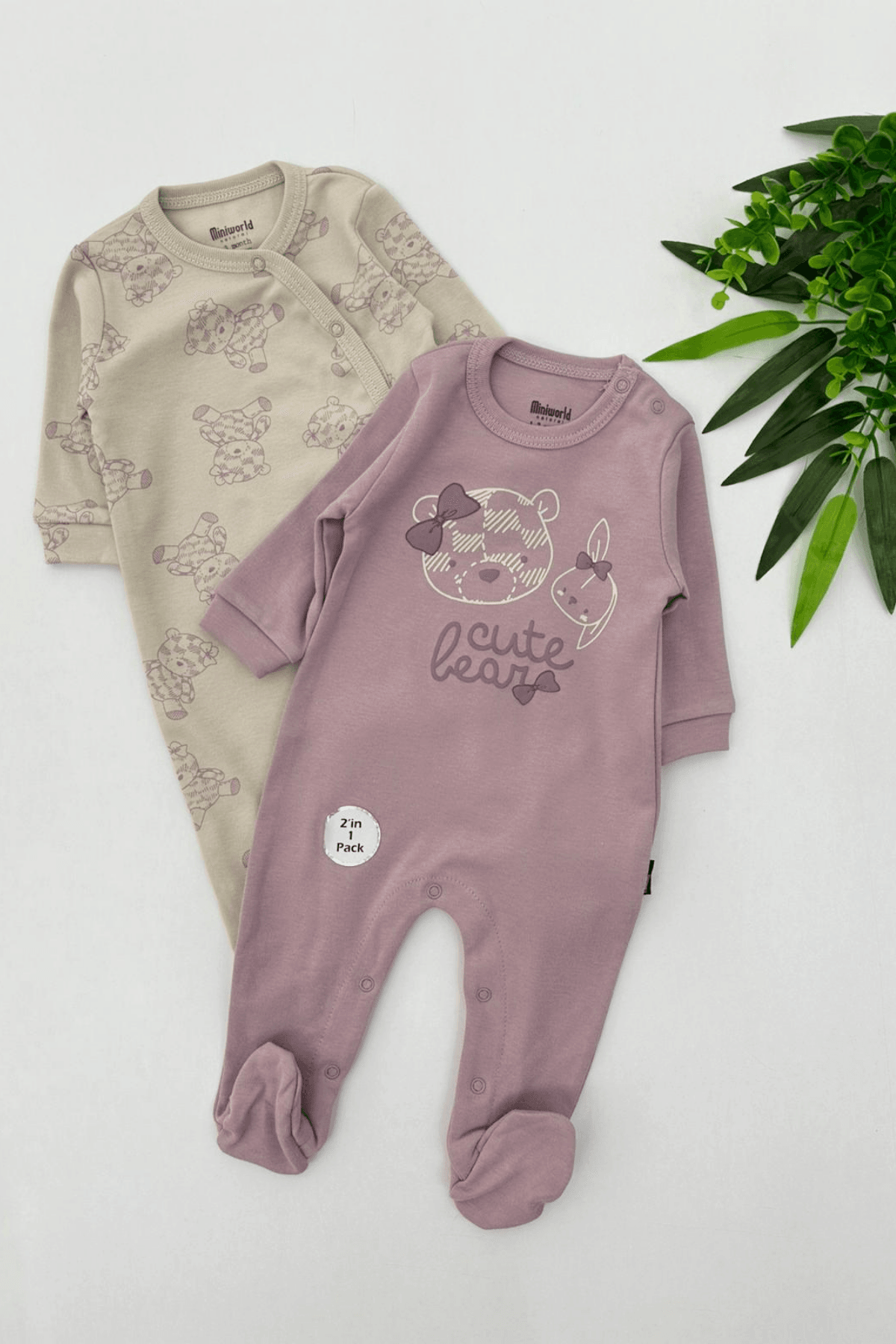 2'Lİ LİLA RENK AYICIK DESEN KIZ BEBEK TULUM