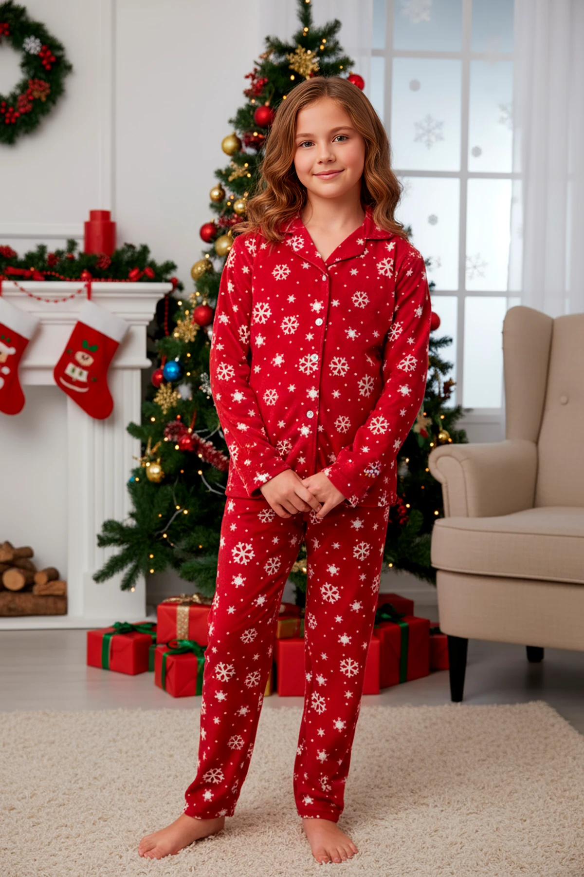 ÖNDEN DÜĞMELİ BORDO RENK KAR TANESİ DESEN KIZ ÇOCUK PİJAMA TAKIMI