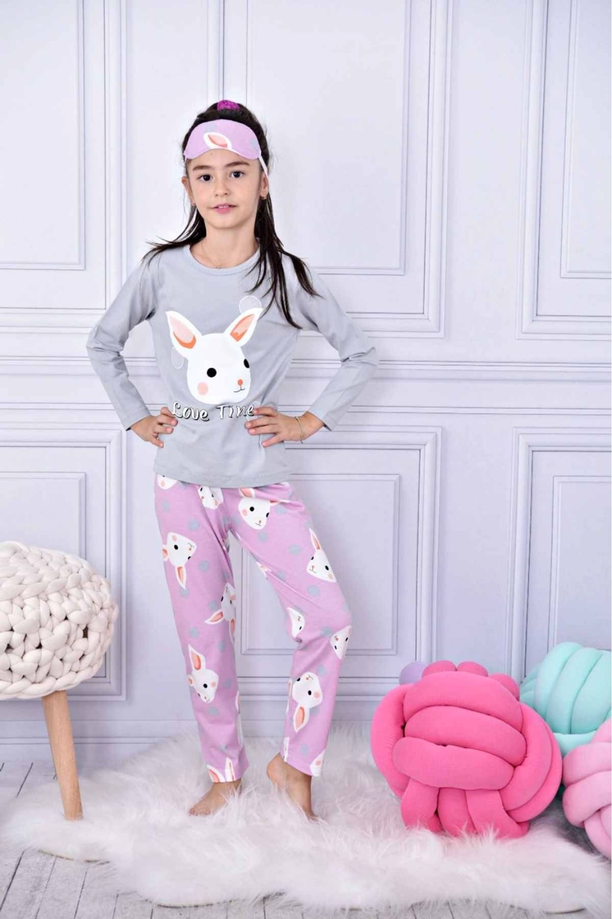 GRİ TAVŞAN DESEN PİJAMA TAKIMI